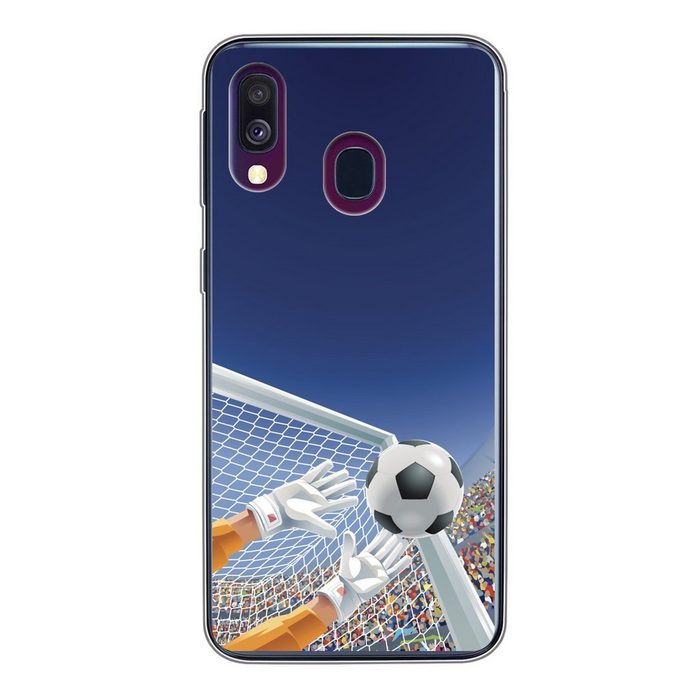 MuchoWow Handyhülle Eine Illustration eines Torwarts der den Fußball stoppt - Junge - Handyhülle Samsung Galaxy A40 Smartphone-Bumper Print Handy