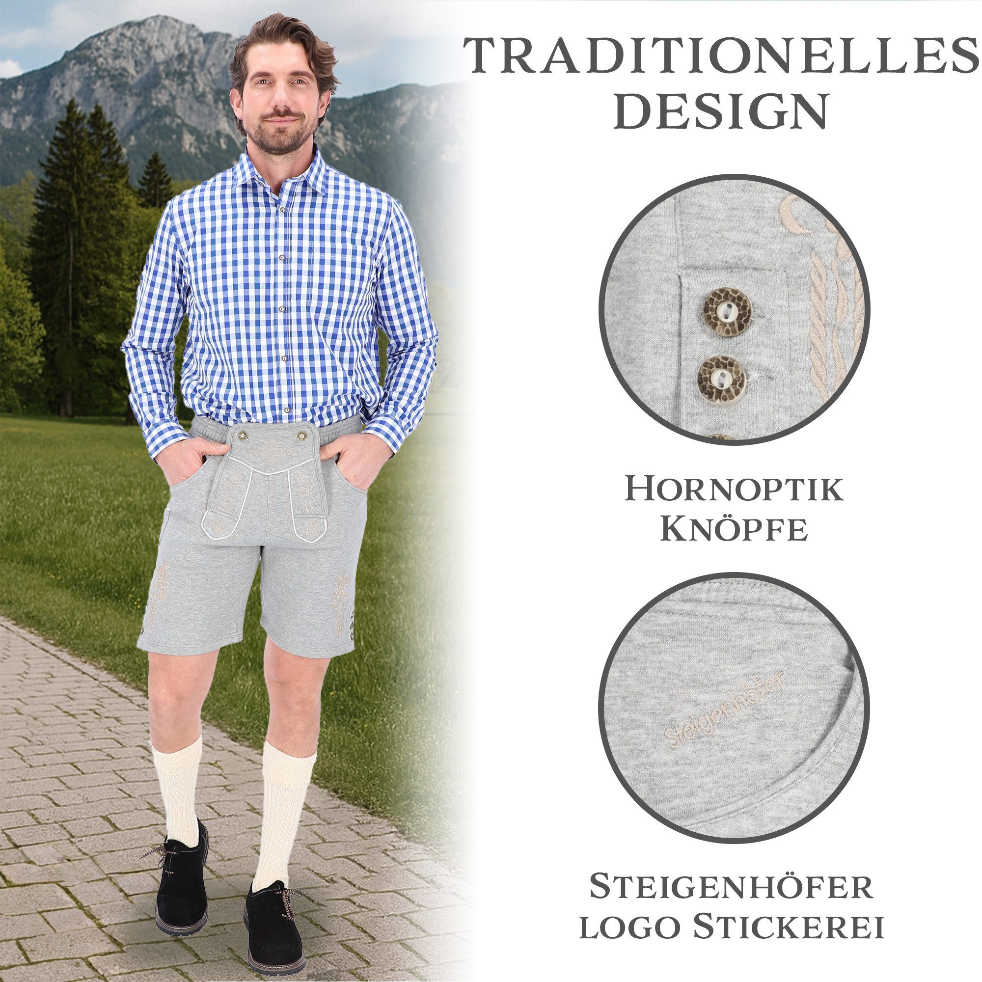 Steigenhöfer Manufaktur Jogginghose "MORITZ" kurze Jogginghose im Lederhosen Look Herren Tracht für Oktoberfest Wiesn und weitere Feierlichkeiten