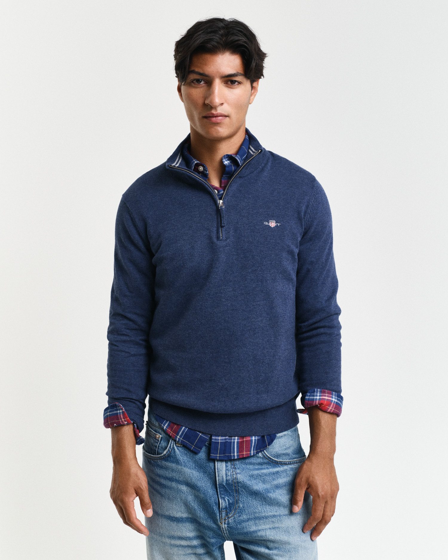 GANT Maglione Uomo Classic Cotton Halfzip – Blu Jeans Scuro Melange, Taglia XXXL – Cotone Morbido Con Mezza Zip