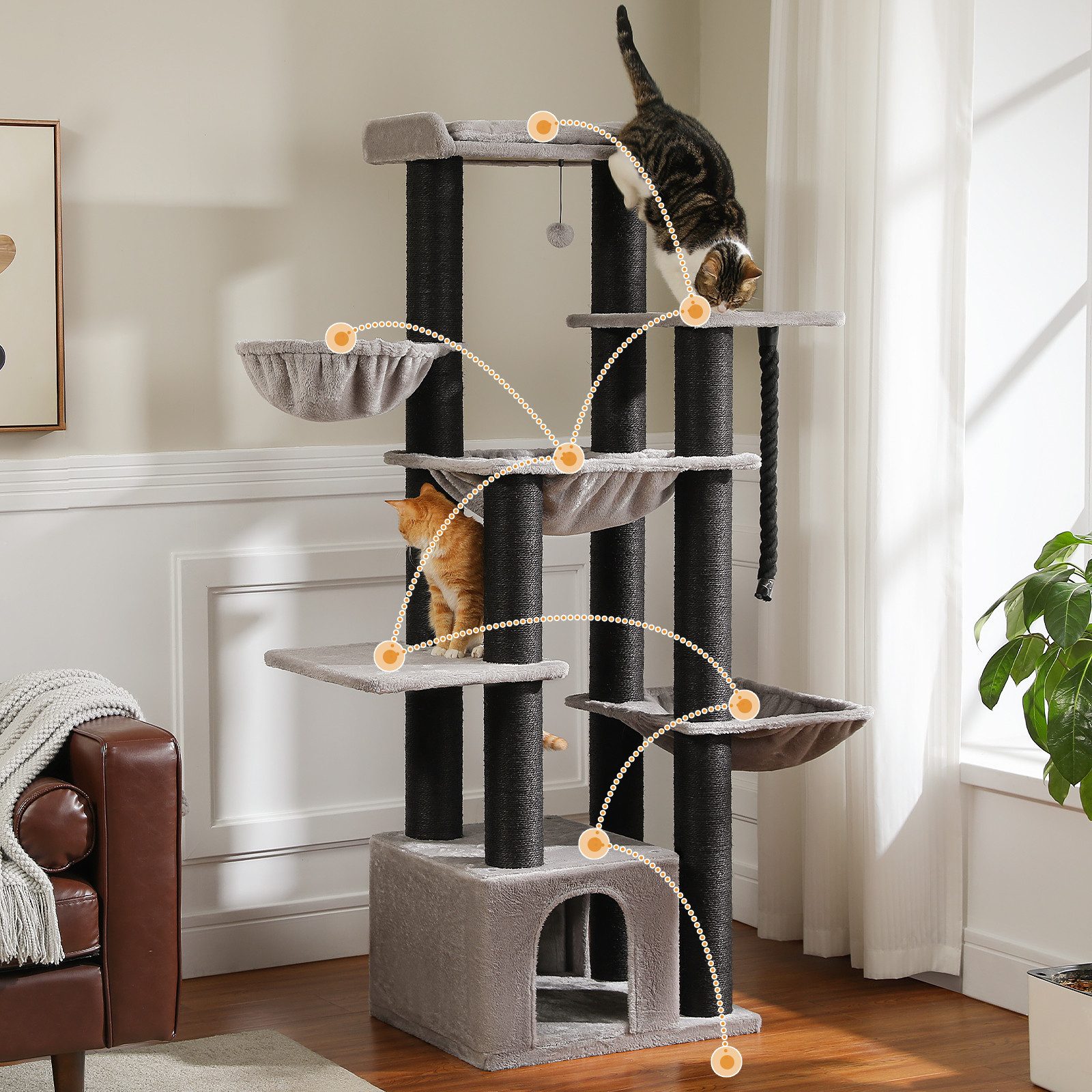 PAWZ Road Kratzbaum Kratzbaum Grosse Katzen stabil 13 Sisalpfosten(11cm), XXL 169 cm, Schwarz