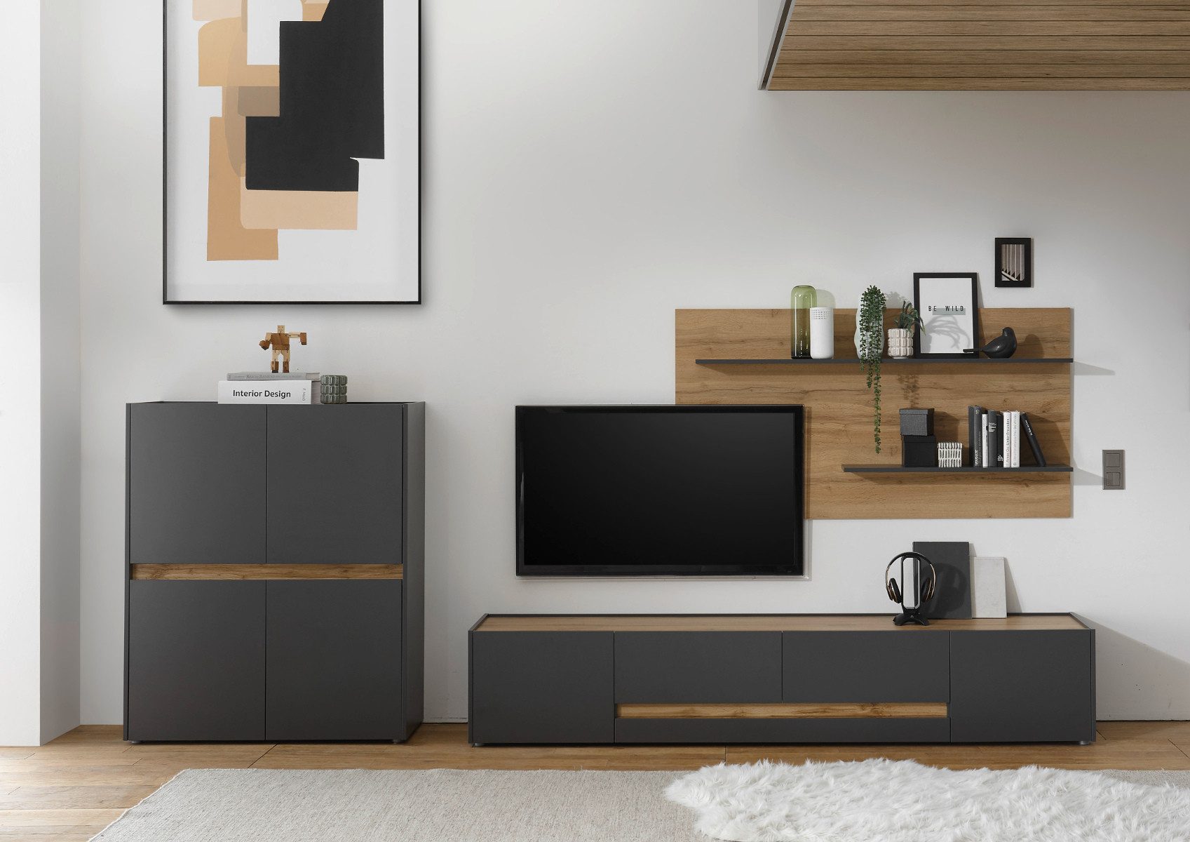 Empinio24 Wohnwand Boston, (3-St), anthrazit oder weiss + Eiche Breite ca. 340 cm