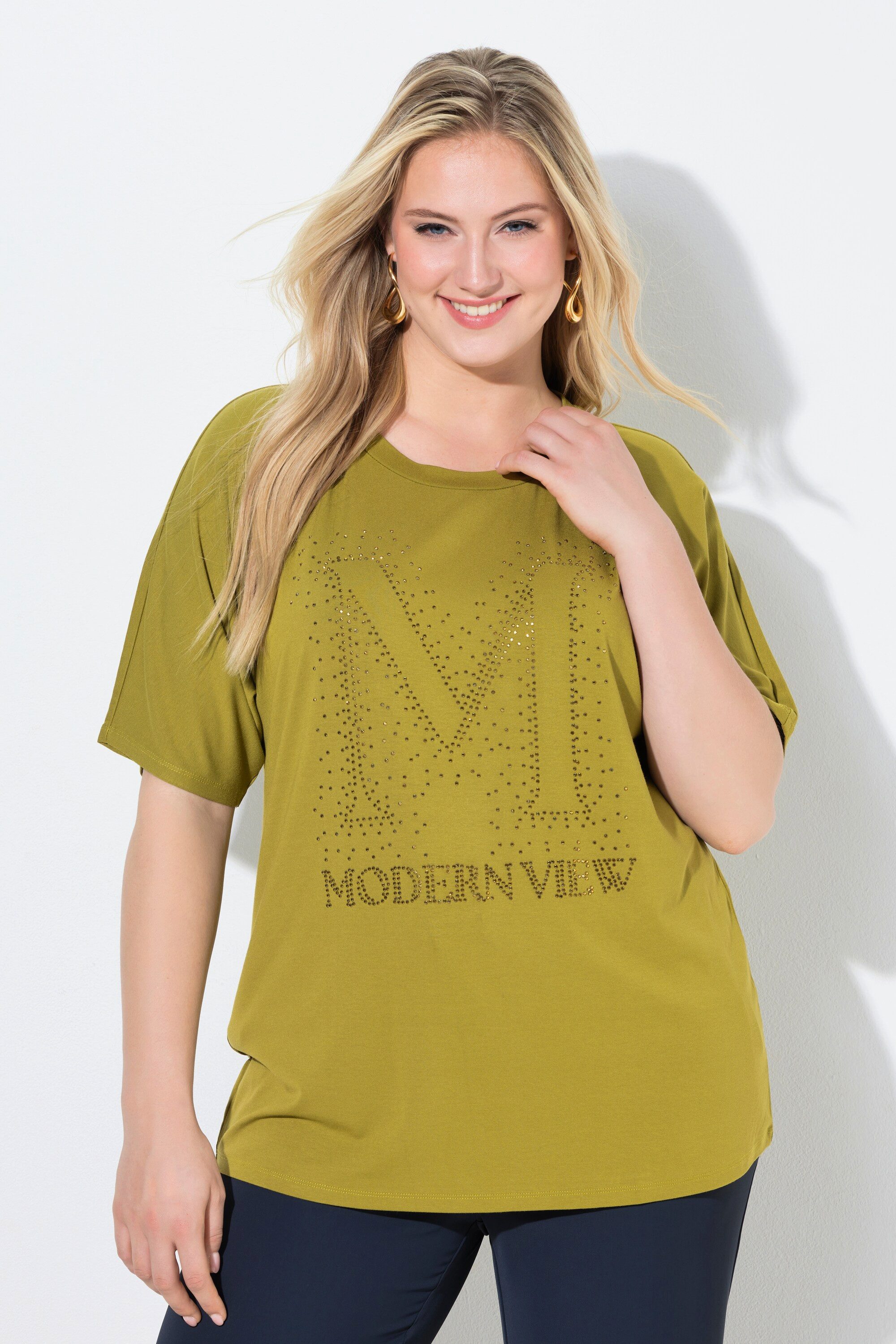 Ulla Popken T-Shirt T-Shirt Ziersteine Oversized Rundhals Halbarm