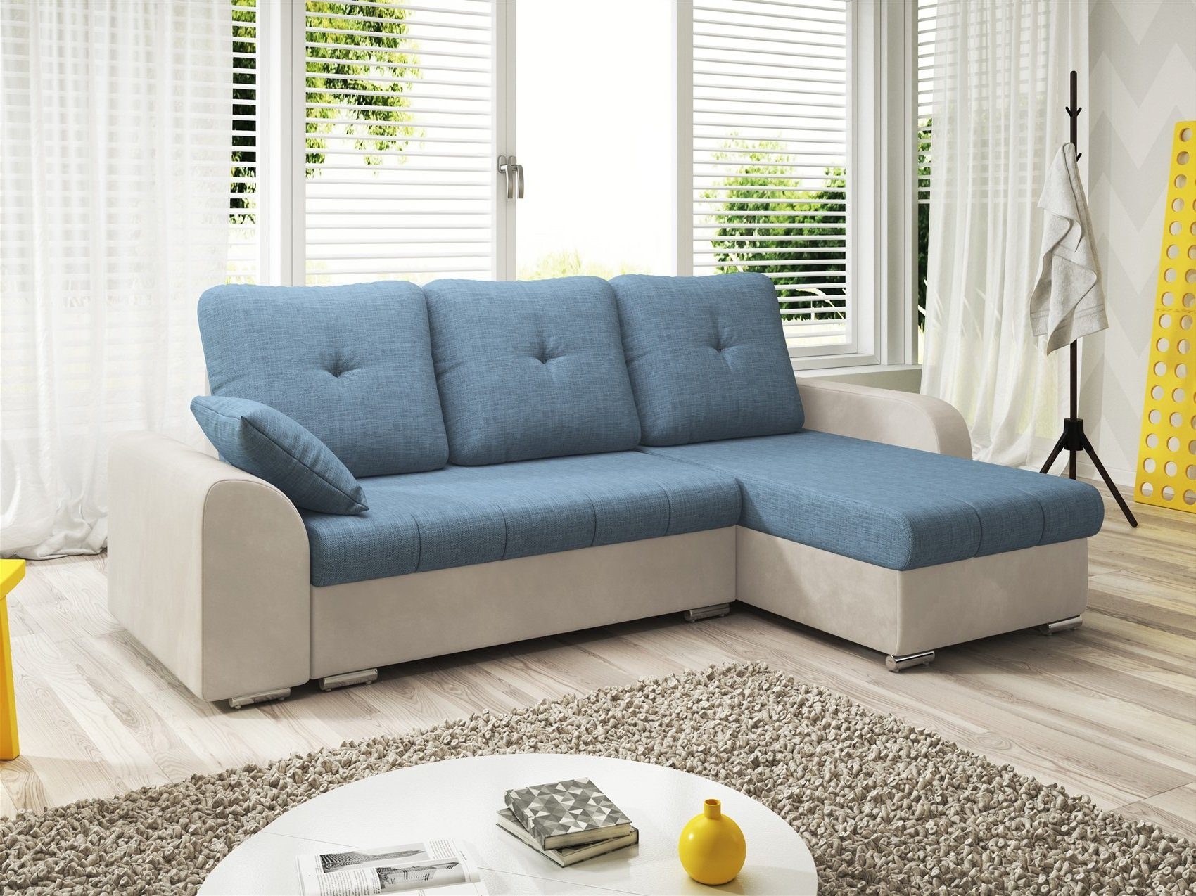 Fun Möbel Ecksofa Ecksofa Designersofa DEKOS mit mane, inkl. Bettkästen, mit Schlaffunktion Weiß-Hellblau