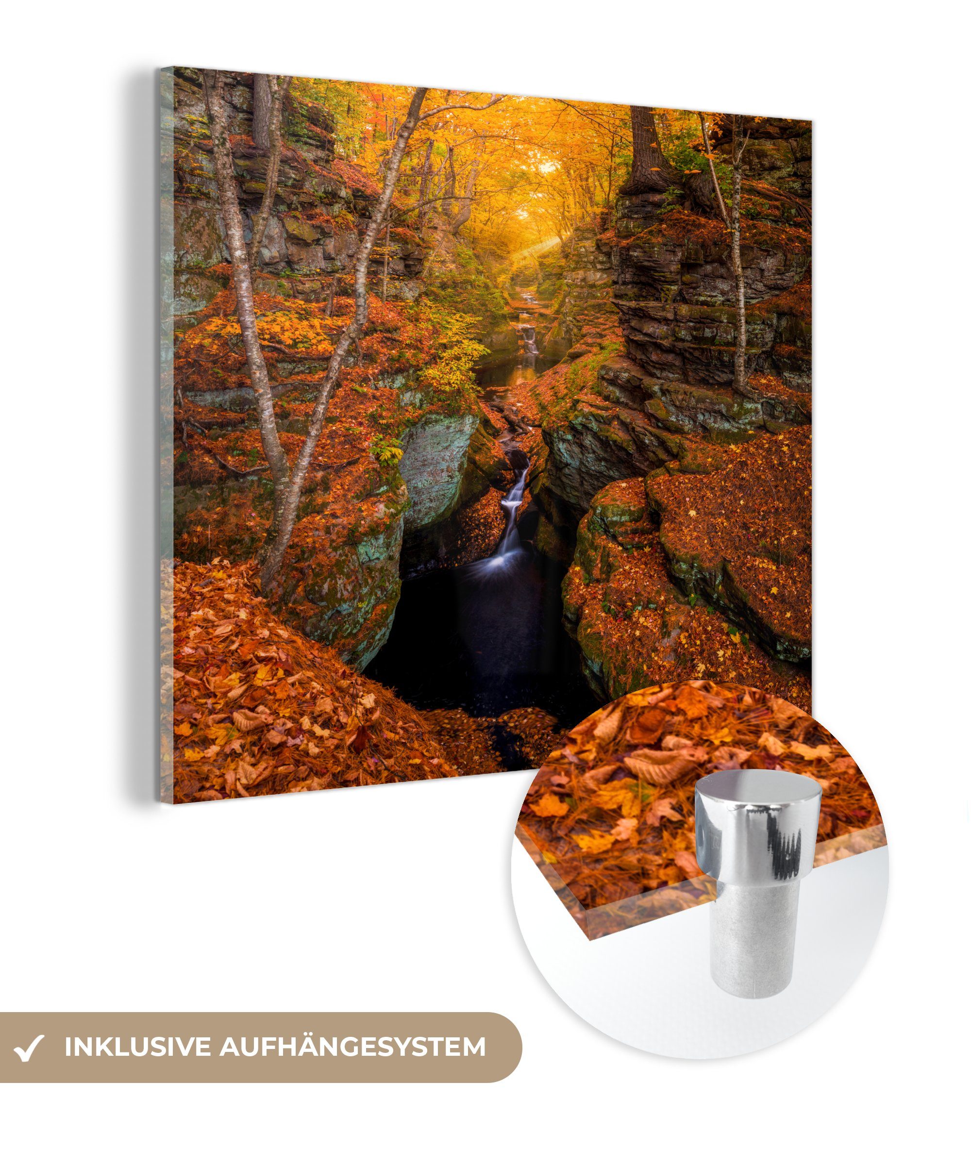 MuchoWow Acrylglasbild Ein Wasserfall im Herbst, (1 St), Glasbilder - Bilder auf Glas Wandbild - Foto auf Glas - Wanddekoration