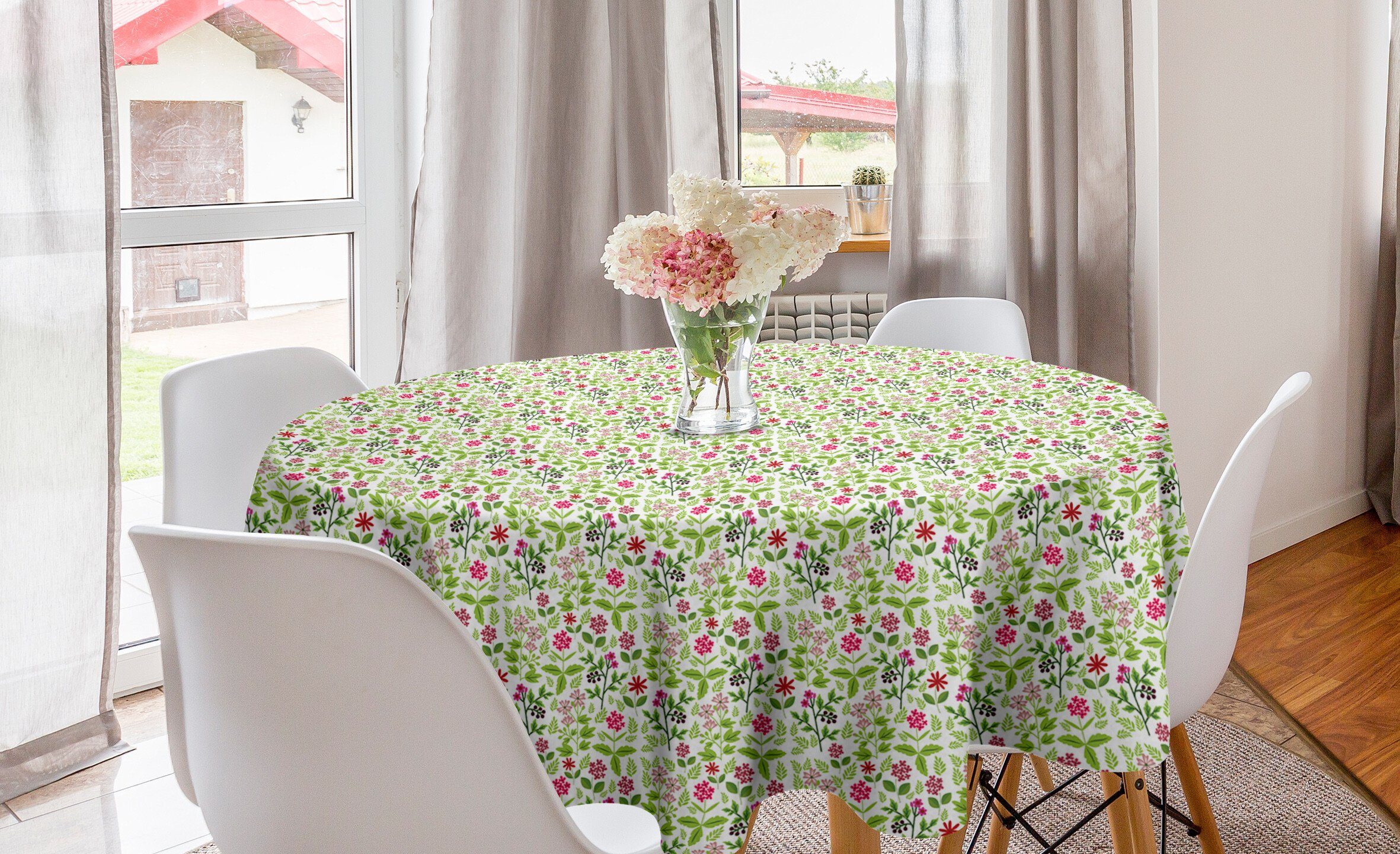 Abakuhaus Tischdecke Kreis Tischdecke Abdeckung für Esszimmer Küche Dekoration, Frühling Grünlich Wiesenpflanzen Kräuter