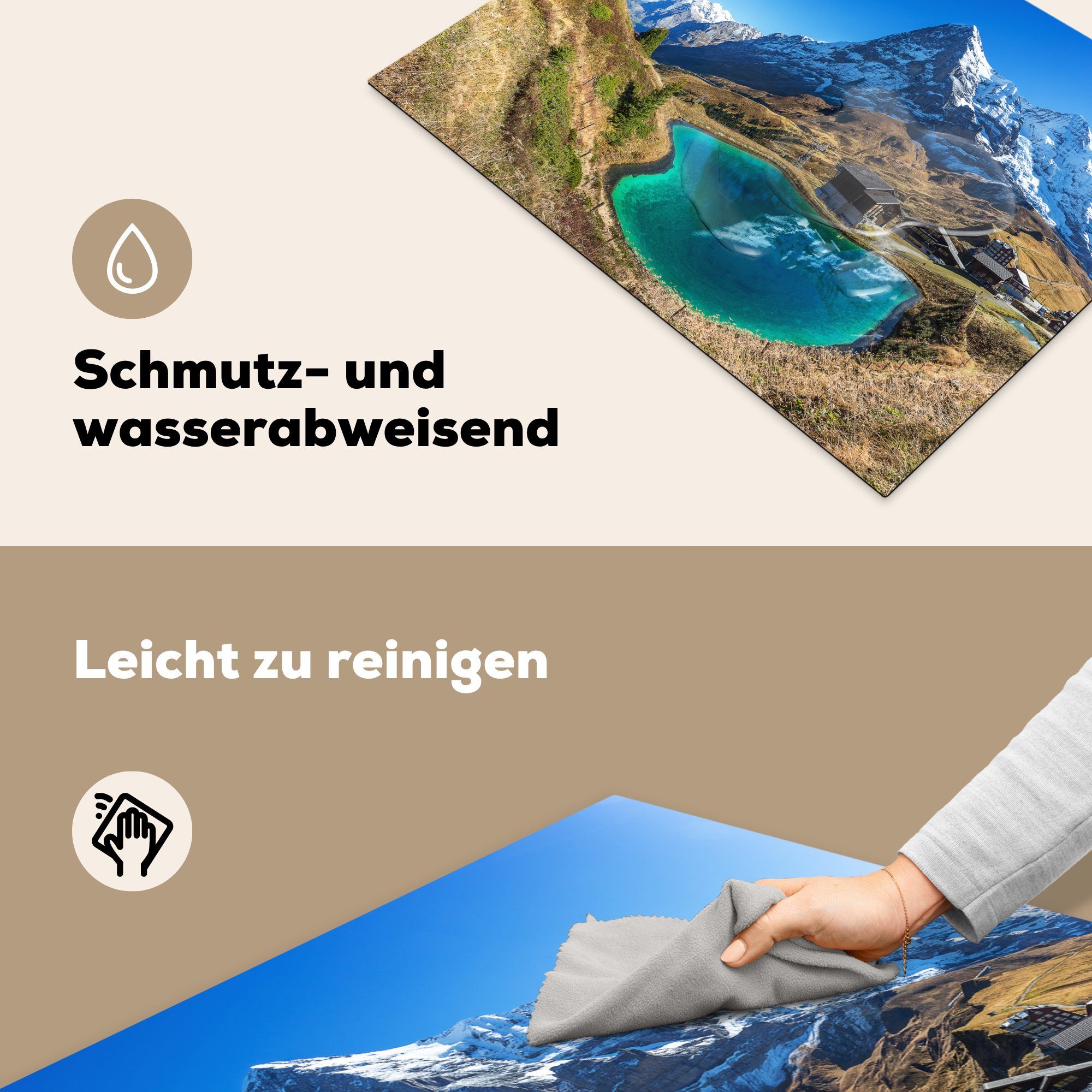 MuchoWow Herdblende-/Abdeckplatte Schweizer und (1 Arbeitsfläche Ceranfeldabdeckung Bergen, Landschaft Wasser Vinyl, cm, 70x52 Mobile mit tlg), nutzbar