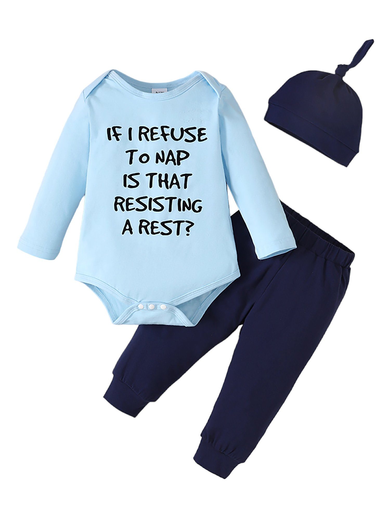 und Shirt, Baby Lapastyle Briefdruck Strampler, & Jungen elastischer Hose Mütze, Blau Leggings, 3-tlg) (Set, Mütze Jäckchen Bund
