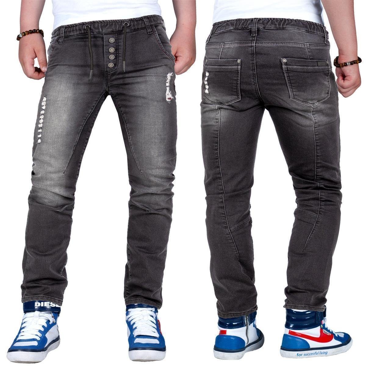 Reichstadt Jeansjeggings Kinder Slim Fit Jogging Jeans Stonewashed RS105 Black (158) (1-tlg) Elastischer Bund mit Kordelzug und Knöpfen