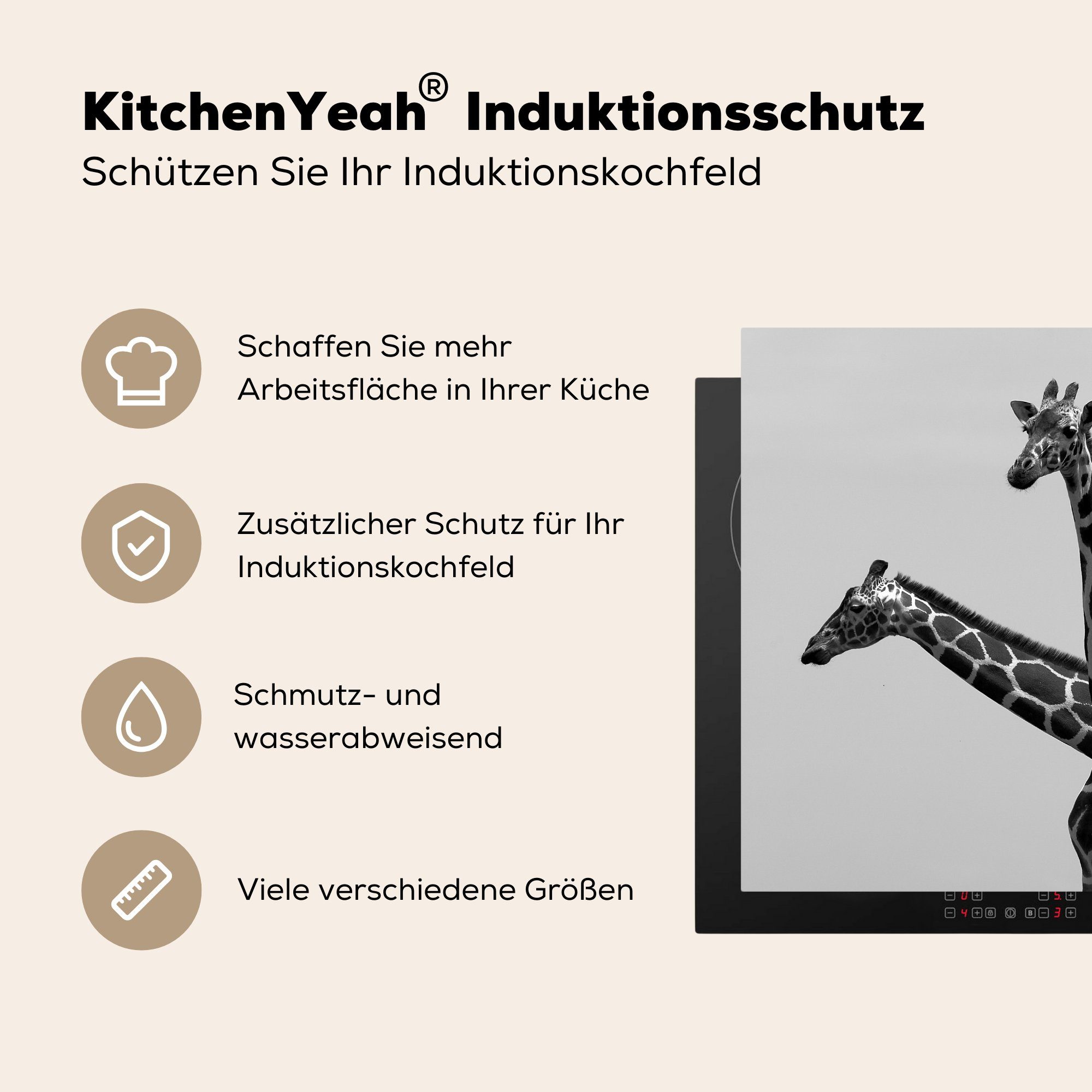 küche Herdblende-/Abdeckplatte Zwei Schwarz Weiß, (1 78x78 tlg), für in und cm, Vinyl, Ceranfeldabdeckung, Giraffen Arbeitsplatte MuchoWow