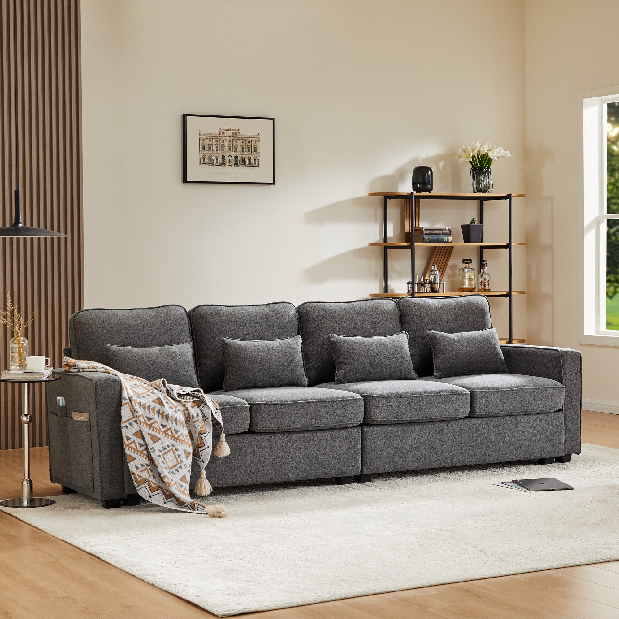 KLAM HOME Sofa 4-Sitzer-Sofa aus Leinenstoff Viersitzer-Sofa mit Armlehnentaschen, für Wohnzimmer Wohnung Büro