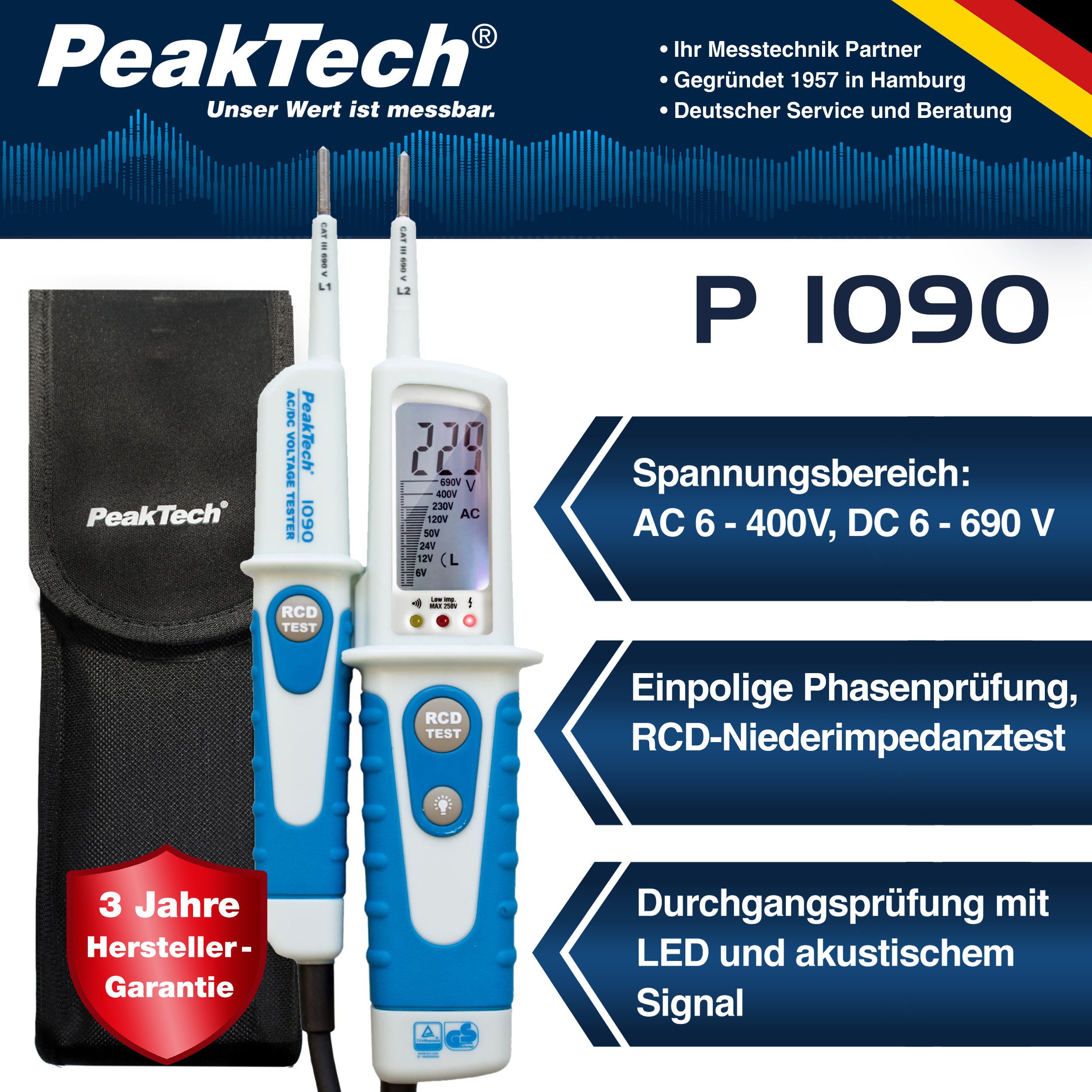 PeakTech Spannungsprüfer Digital 2-poliger Spannungsprüfer LCD-Display