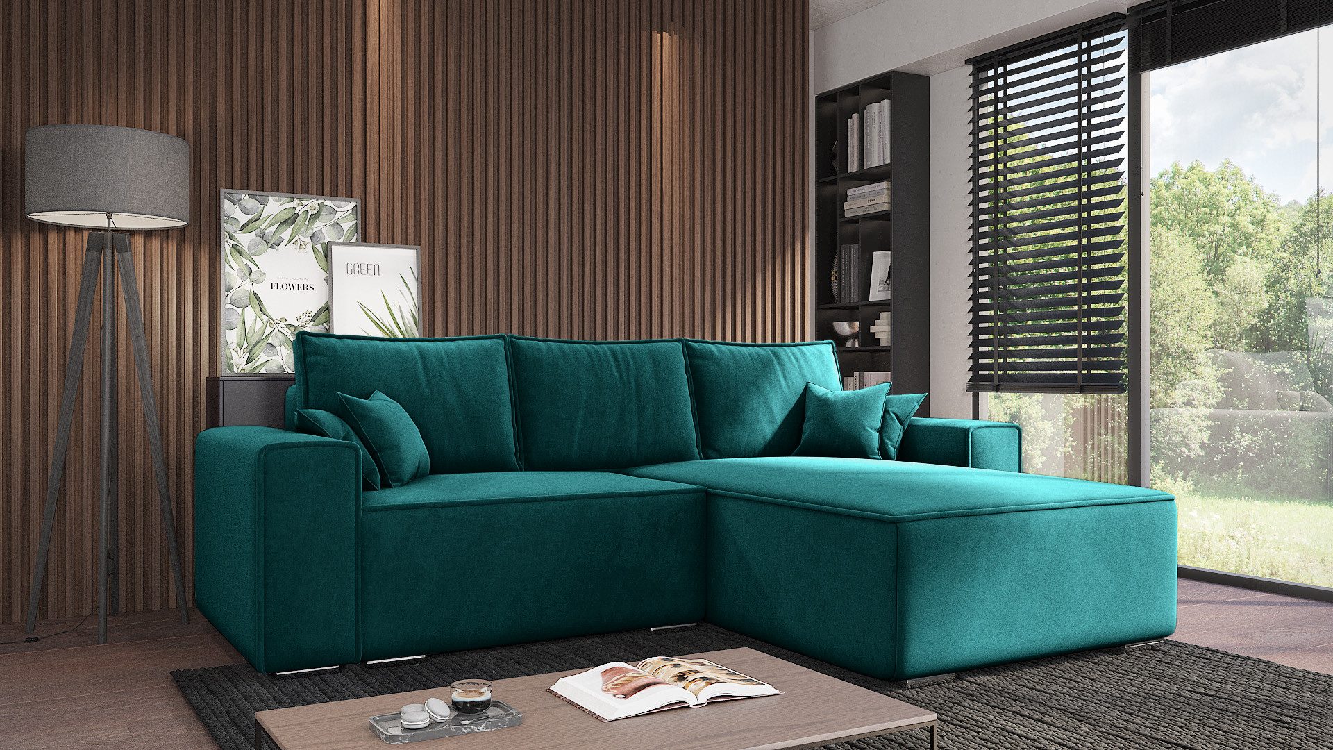 Goldstoff Ecksofa Oslo mit Schlaffunktion, L-Form mit Bettkasten und Federkern, Eckcouch, Chrombeine,Schlaffunktion,Federkern