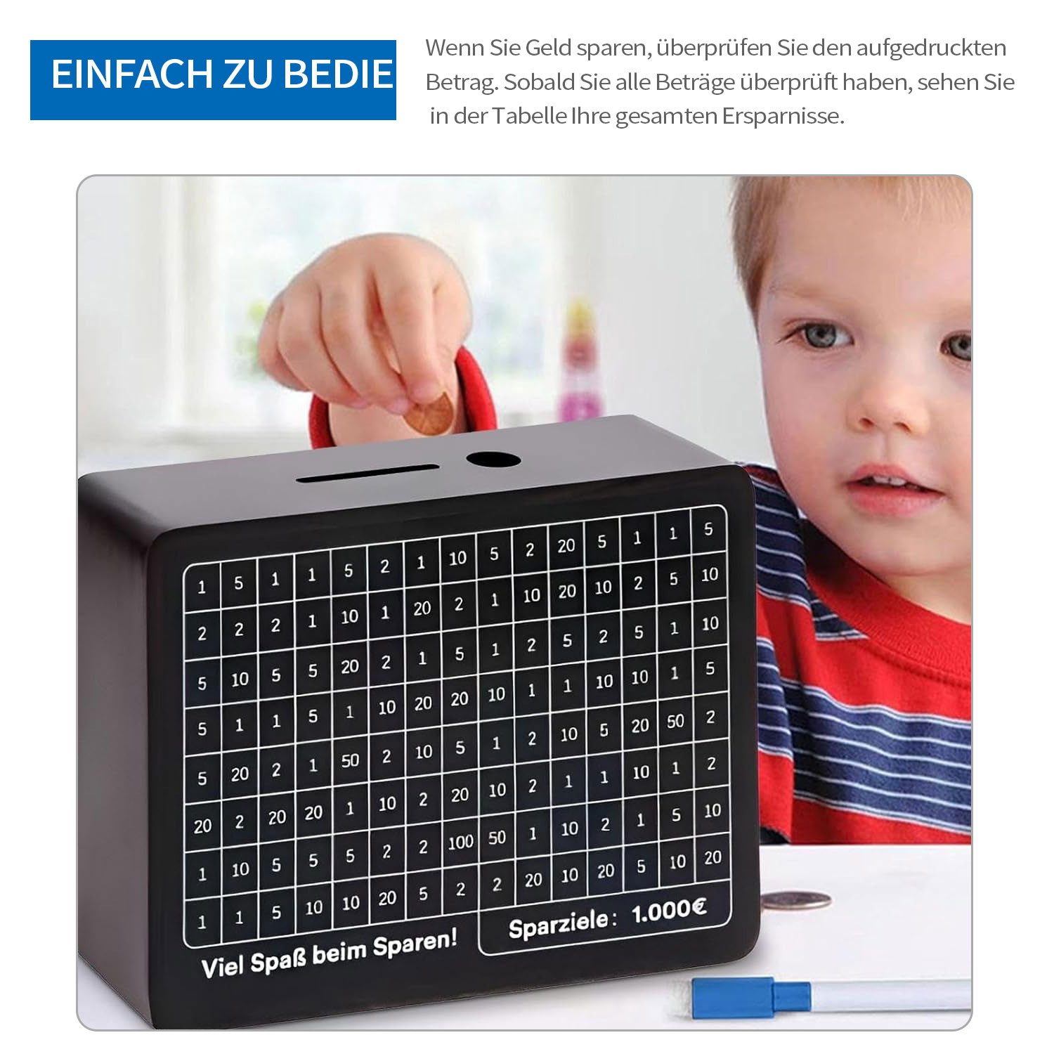 Refttenw Spardose Spardose aus Holz Geldbank mit 8 Aufkleber 4 Farbige Stifte, Sparschwein mit Sparziel, Wiederverwendbare