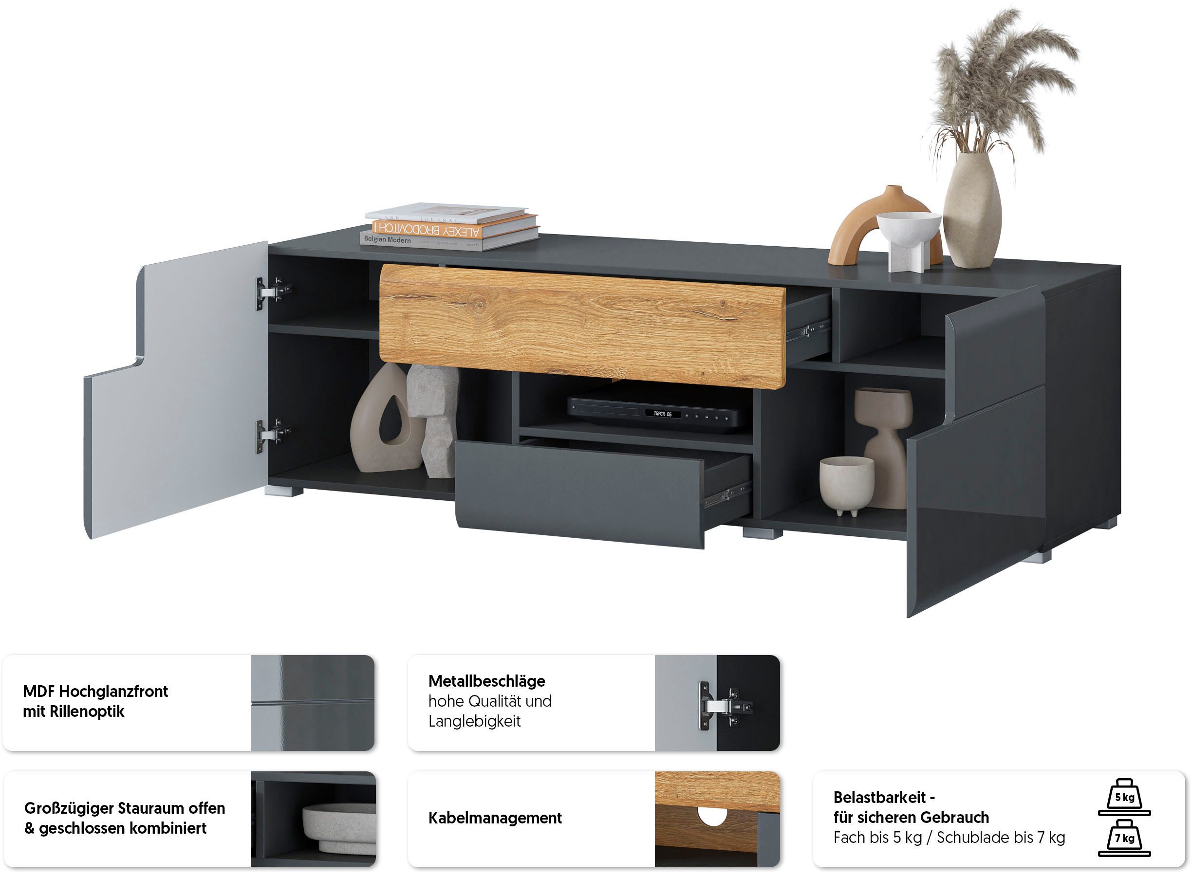 OTTO home Lowboard Toledo,Breite 159cm, trendige TV-Schrank mit dekorative Fräsungen, TV-Board ohne Beleuchtung, TV-Kommode mit viel Stauraum
