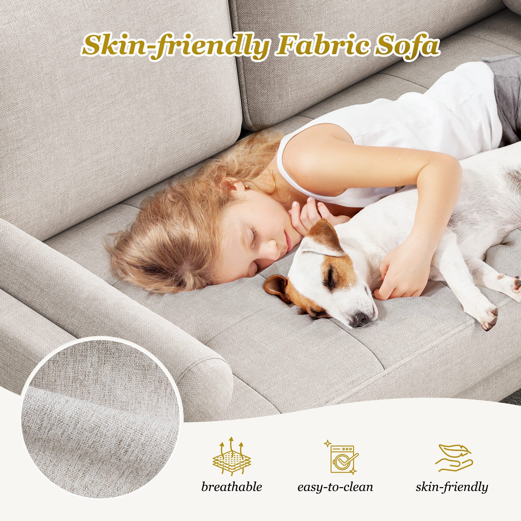 OUNUO Sofa 121cm Kleines Loveseat Sofa Couch aus Samt und Leinen mit 2 Zierkissen – Bild 2 von 5