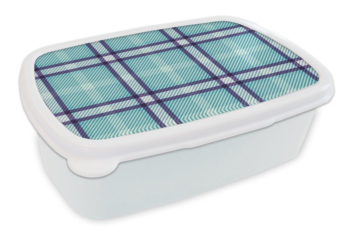 MuchoWow Lunchbox Kariert - Blau - Muster - Schottisches Karo, Kunststoff, (2-tlg), Brotbox für Kinder und Erwachsene, Brotdose, für Jungs und Mädchen weiß