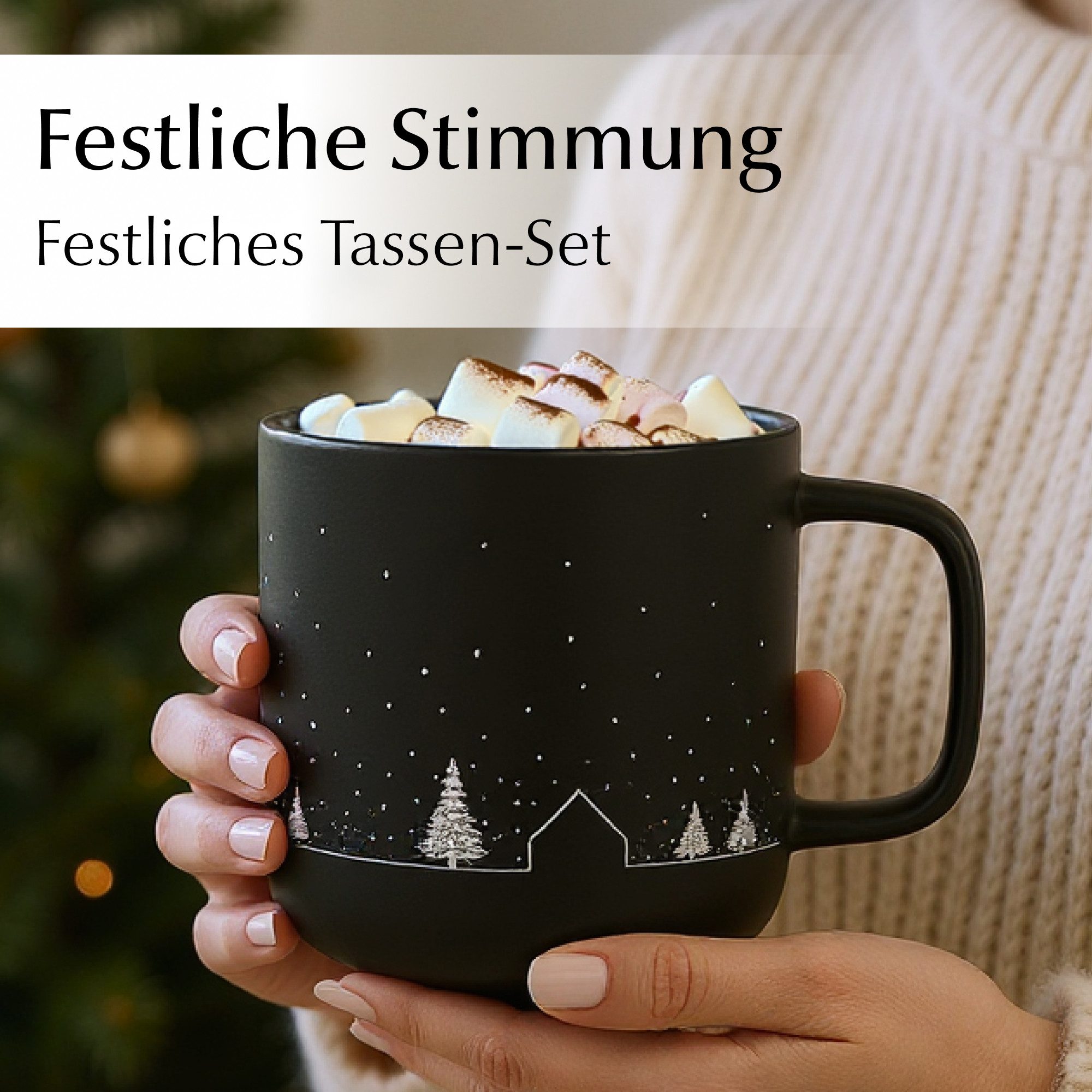 MiaMio Tasse Vinter Schneelandschaft Schwarz, 4-tlg., Keramik, 500 ml, mikrowellengeeignet