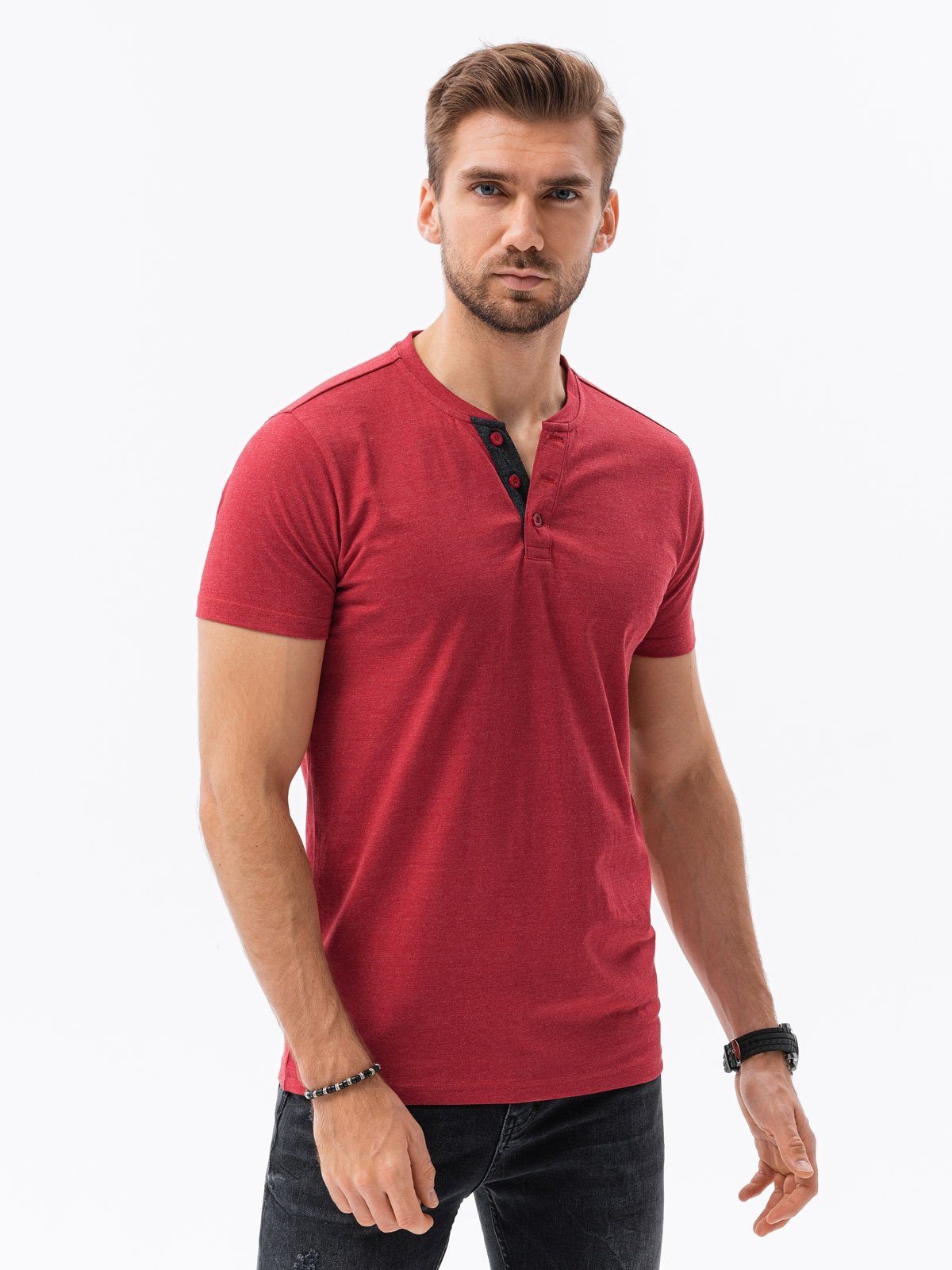OMBRE T-Shirt Einfarbiges Herren-T-Shirt - rot meliert S1390 M