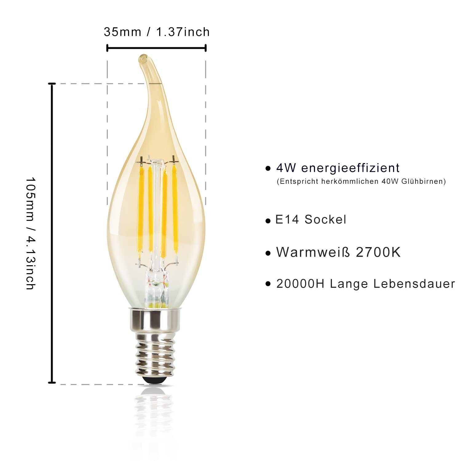 Nettlife LED-Leuchtmittel 6 Stück E14 2700K kerze Birne 4W Filament Retro Edison Glühlampe, E14, 6 St., Warmweiß