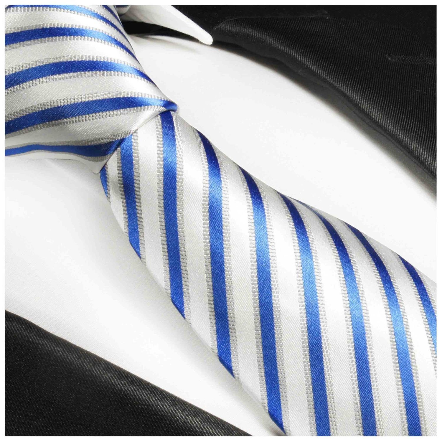 (6cm), Krawatte modern gestreift Herren Einstecktuch) Seidenkrawatte Seide 100% Schmal Malone Krawatte weiß Tuch 2-St., 685 mit mit (Set, blau Paul