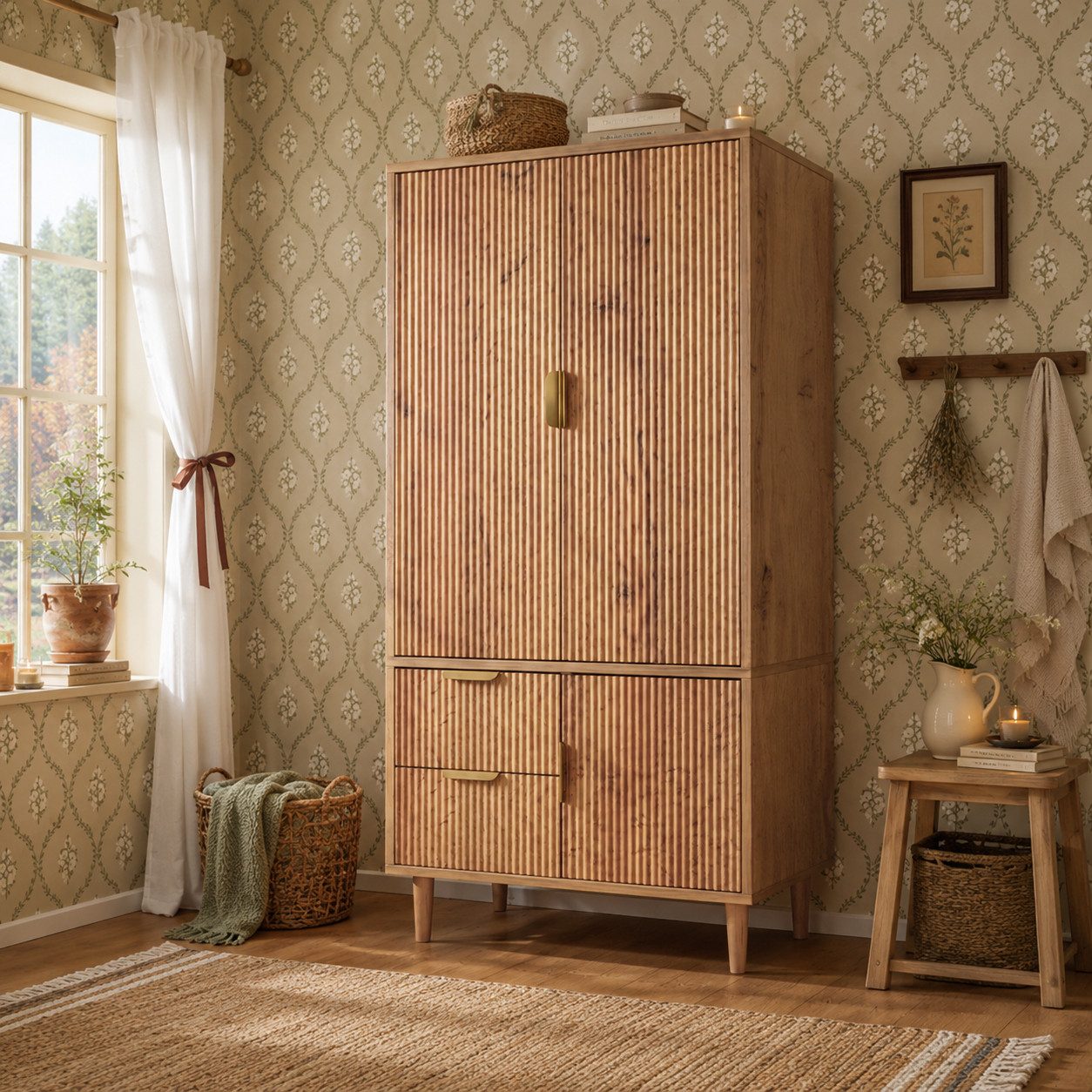 Flieks Kleiderschrank Garderobenschrank 80x50x177cm mit 3 Türen, 2 Schubladen, Kleiderstange