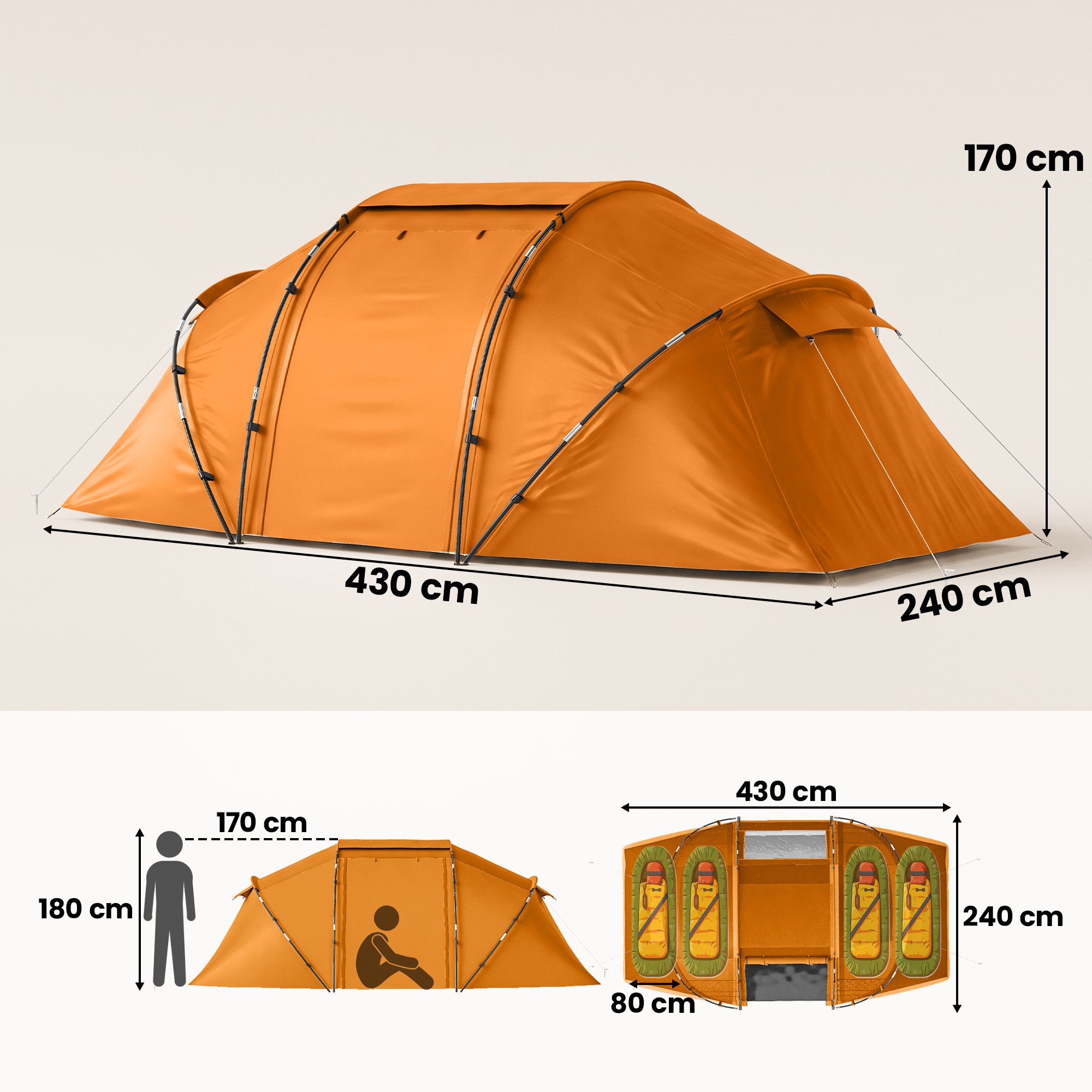 Outsunny Tunnelzelt Campingzelt mit Tür, Bodenplane, 2000mm wasserdicht, Gruppenzelt, Personen: 4 (Familienzelt, 1 tlg., mit Transporttasche, 22 Heringe, 8 Abspannseile), für Camping Reise Trekking Garten, Orange