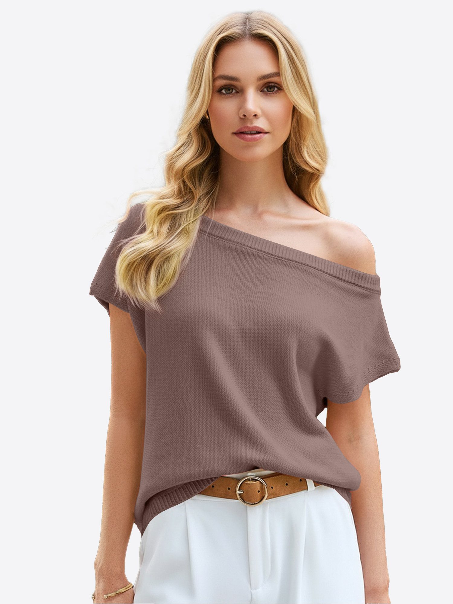 Imily Bela Stricktop Damen One-Shoulder Schulterfrei Kurzarm Rundhals Lässig Oberteil (Packung, 1-tlg., 1per-Pack) gehäkelt in Unifarbe