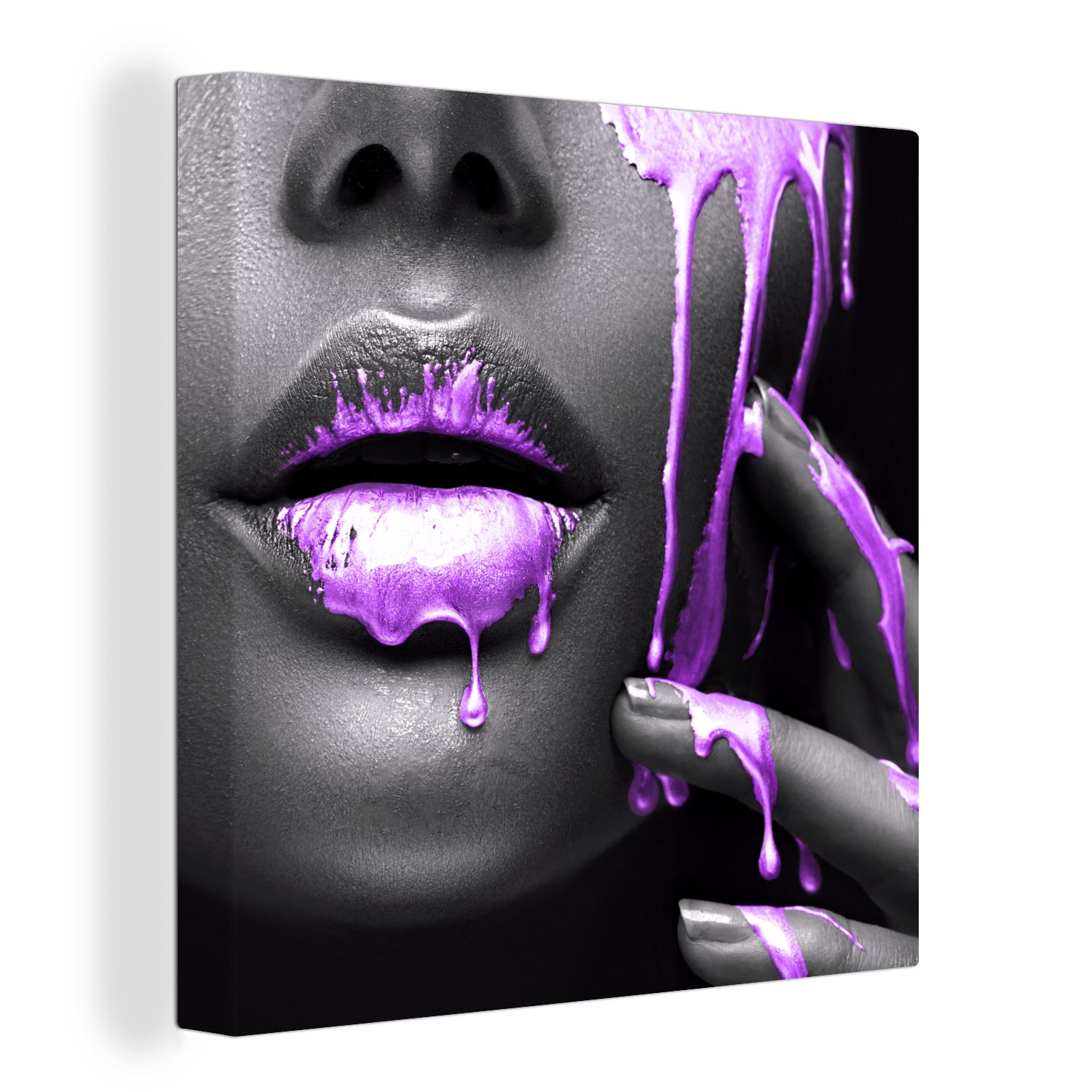OneMillionCanvasses® Leinwandbild Lippen - Schwarz - Lila, Fotodruck (1 St), Wandbild, Deko Schlafzimmer Wohnzimmer Flur 20x20 cm
