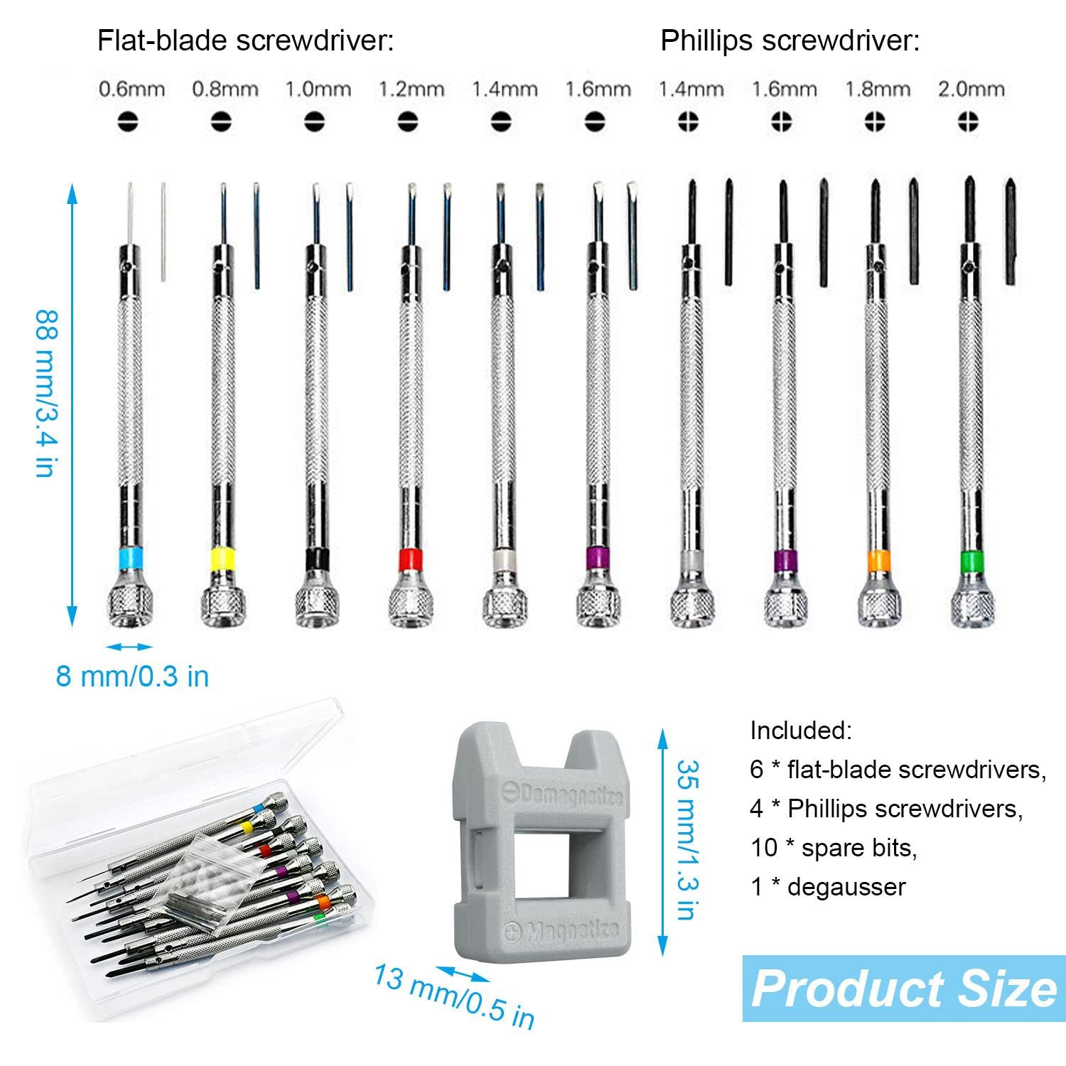 FOUORTUNATE-BEE Schraubendreher 10tlg Uhrmacher Schraubendreher Set Präzisionswerkzeug 0,6-2,0mm, Für Uhren Brillen Handy Reparatur Feinmechanik mit Entmagnetis – Bild 2 von 5
