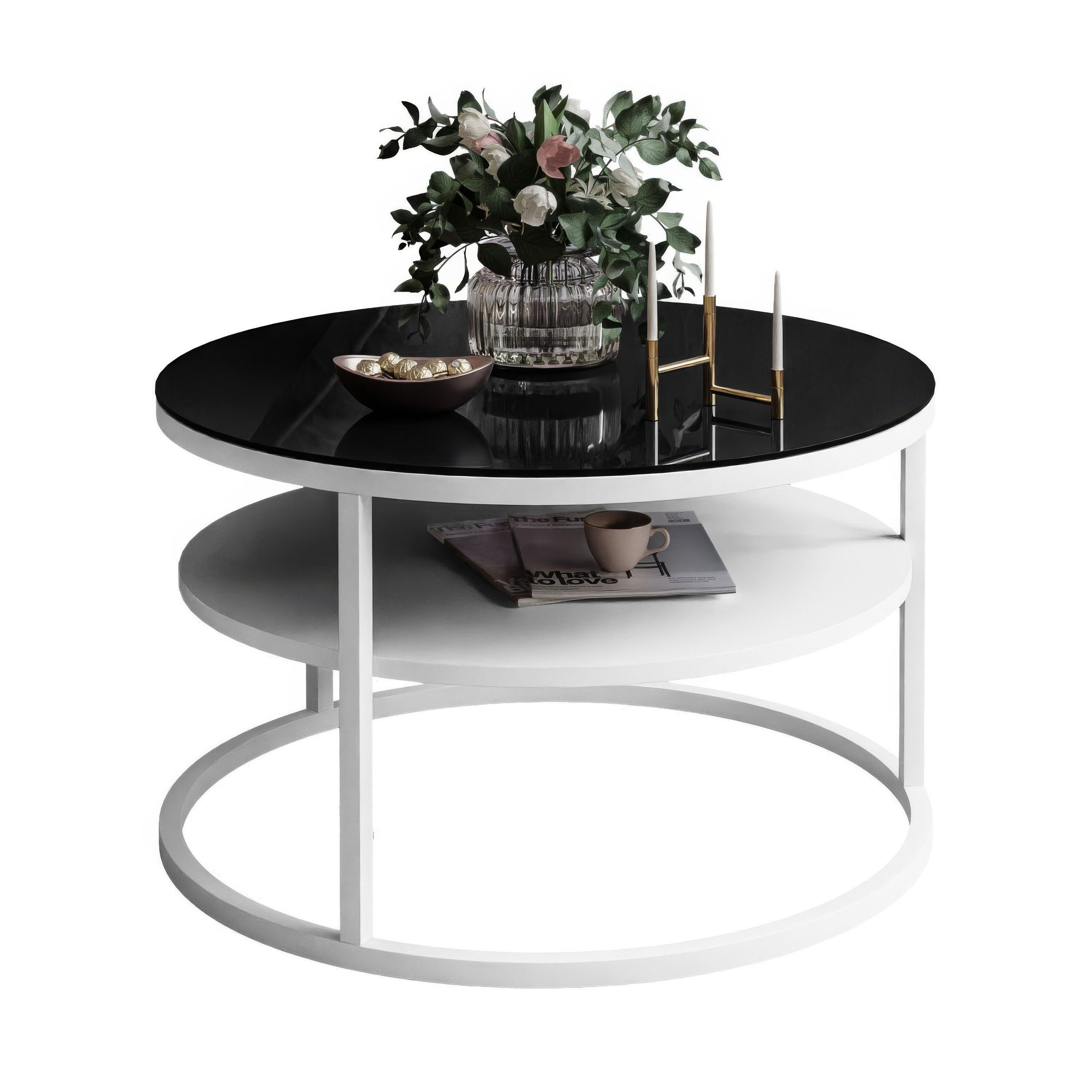 Lookway Couchtisch CIRI GLASS 60 mit weißem Gestell und Ablage (1 Tische), Durchmesser: ⌀ 60 cm