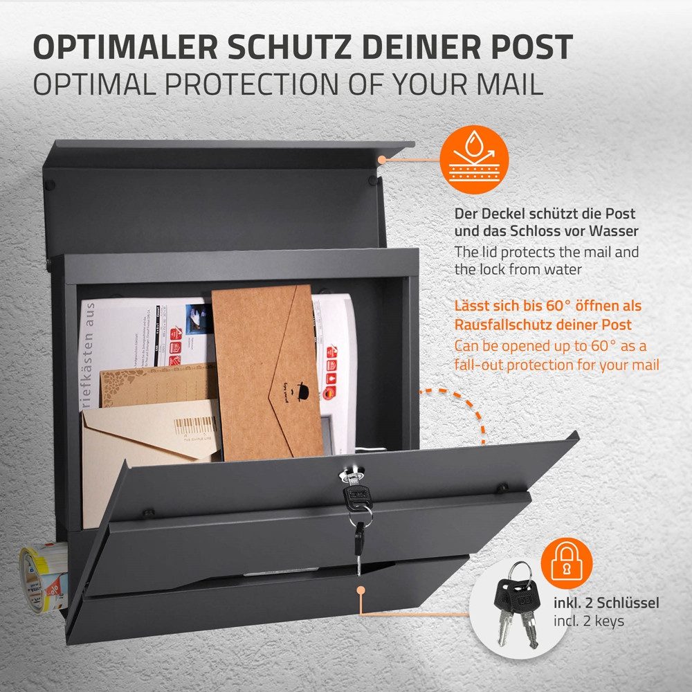 ML-DESIGN Briefkasten Wandbriefkasten Postkasten Design Briefkastenanlage Postbox, Standbriefkasten mit Zeitungsfach inkl. 2 Schlüssel Stahl