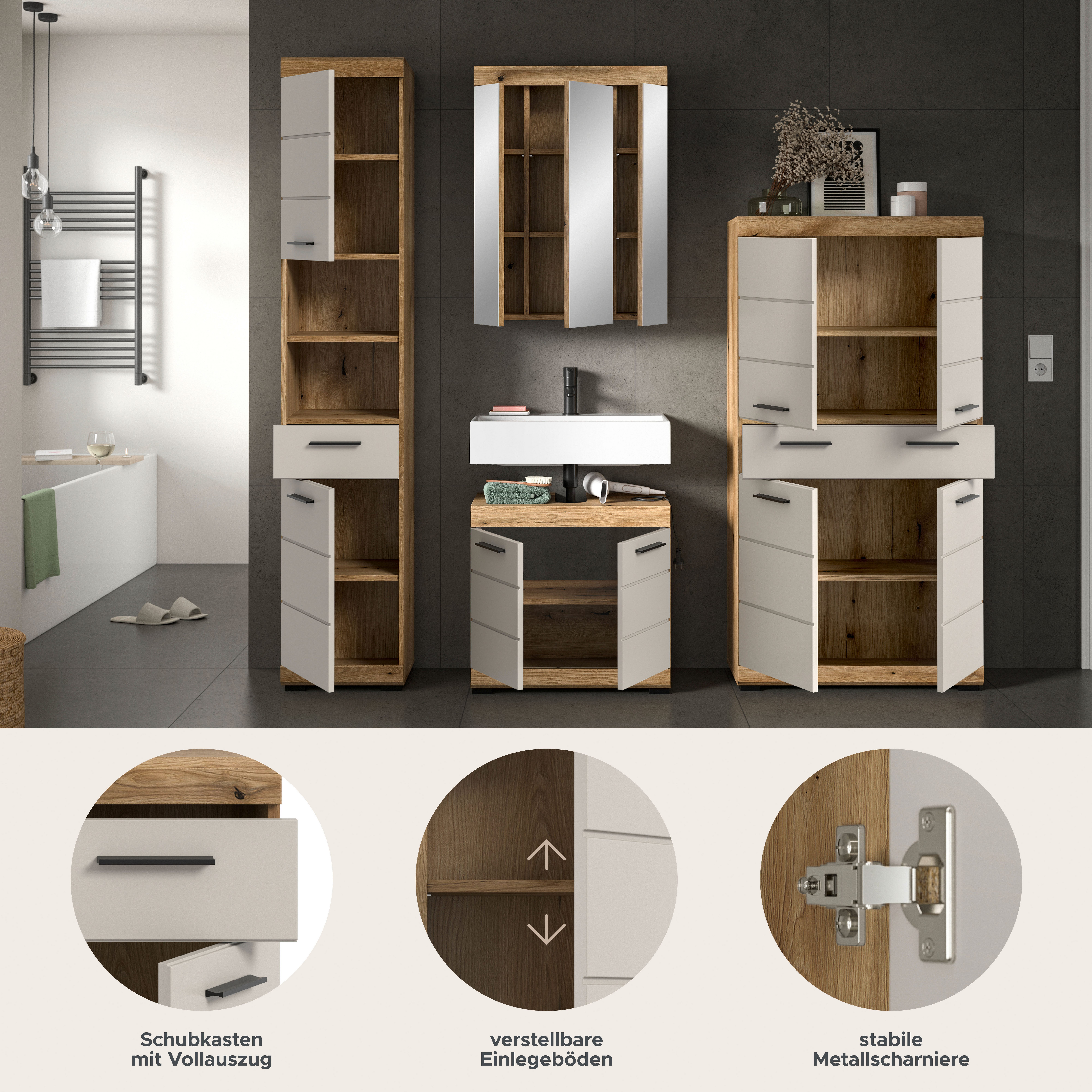 welltime Badmöbel-Set SIENA, 4 teilig, bestehend aus:, (Set, 4-St., TOPSELLER), Hochschrank, Waschbeckenunterschrank, Spiegelschrank, Midischrank