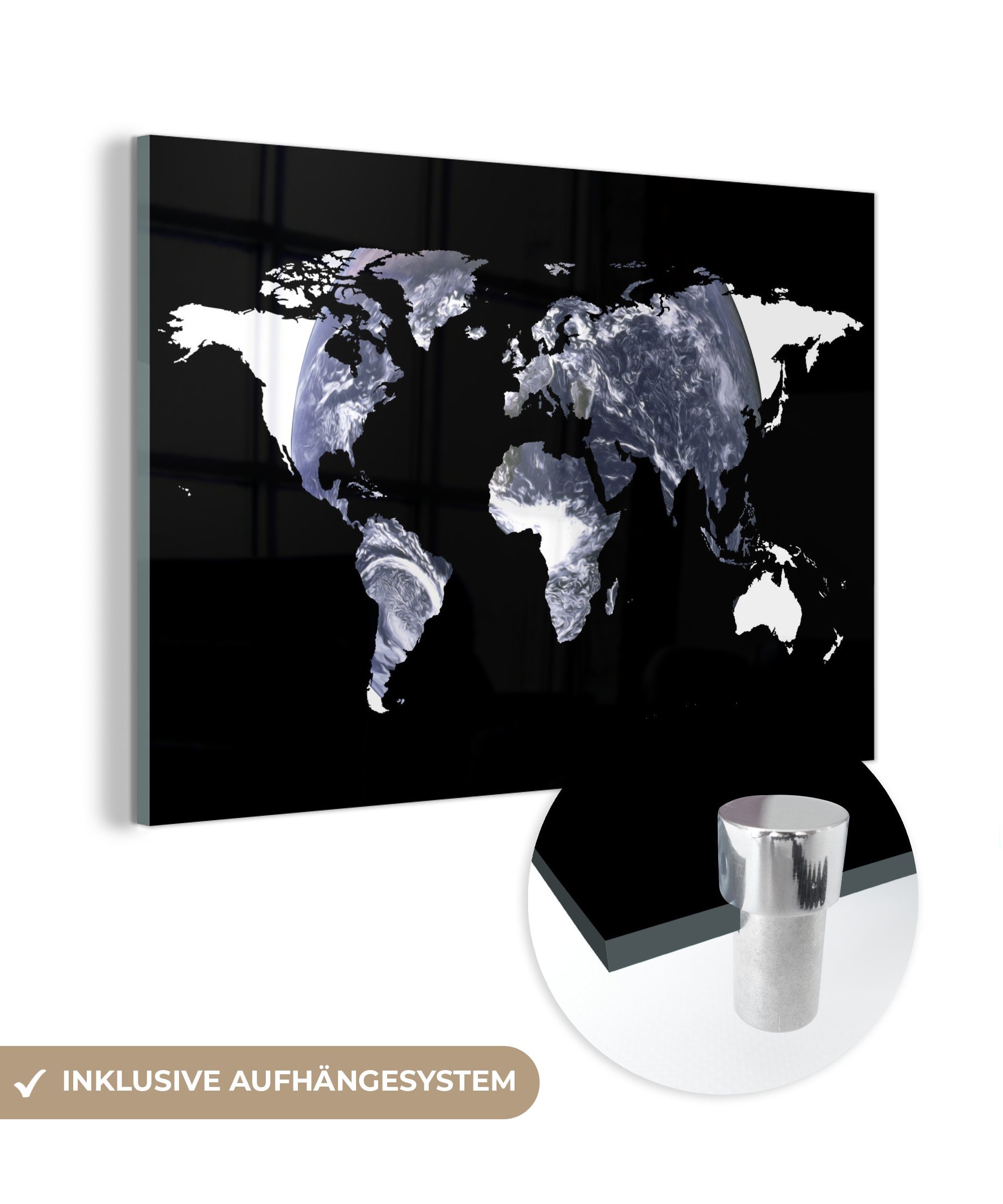 MuchoWow Acrylglasbild Weltkarte - Schwarz - Weiß - Globus, (1 St), Glasbilder - Bilder auf Glas Wandbild - Foto auf Glas - Wanddekoration