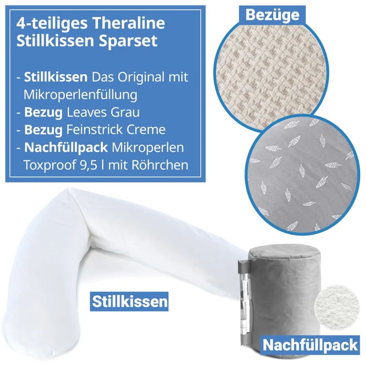 Theraline Stillkissen Das Original - Leaves & Feinstrick Creme, Schwangerschaftskissen, Seitenschläferkissen 190 cm inkl. Nachfüllpack