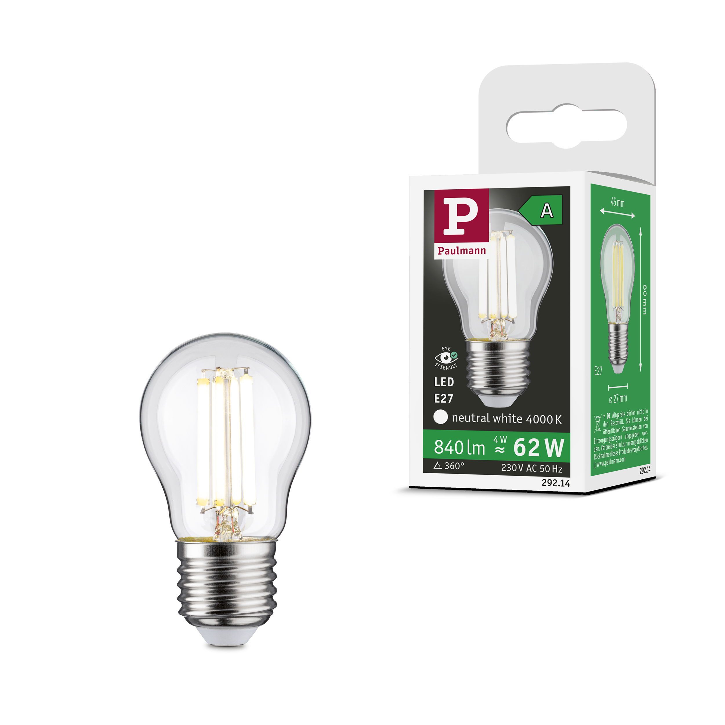 Paulmann LED-Leuchtmittel Eco-Line Tropfen 840lm 4W 4000K klar 230V, E27, 1 St., Neutralweiß