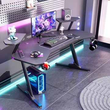 oyajia Gamingtisch Gamingtisch Gamer Tisch 160cm, Computertisch mit 2 Audioständern, Ergonomischer Schreibtisch mit Ladefunktion Kopfhörerhake Ständern