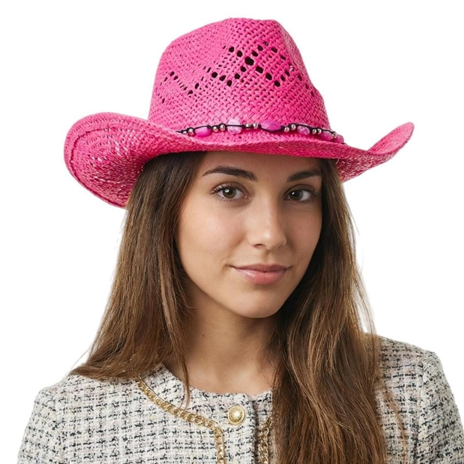 LuxusKollektion Cowboyhut Cowboyhut Damen Stroh Western Cowgirlhut Einheitsgröße-M Rosa rot