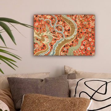 OneMillionCanvasses® Gemälde Vintage - Drache - Blumen - Orange, (1 St), Wandbild Leinwandbilder, Aufhängefertig, Wanddeko, 30x20 cm