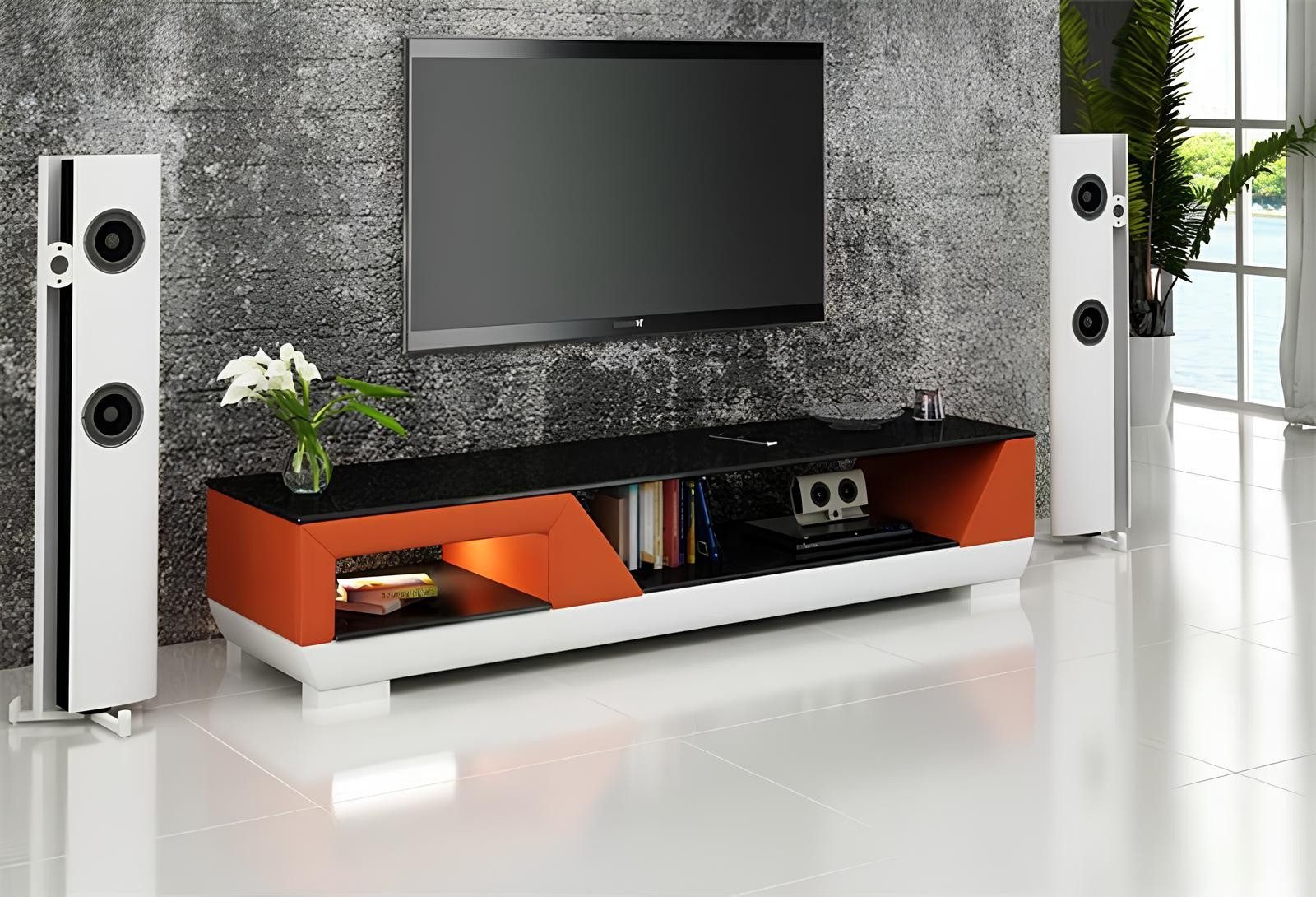 Xlmoebel Lowboard Neu Designer Möbel Niedriges Board mit Glas und Leder - Sideboard (Lowboard), Hergestellt in Europa