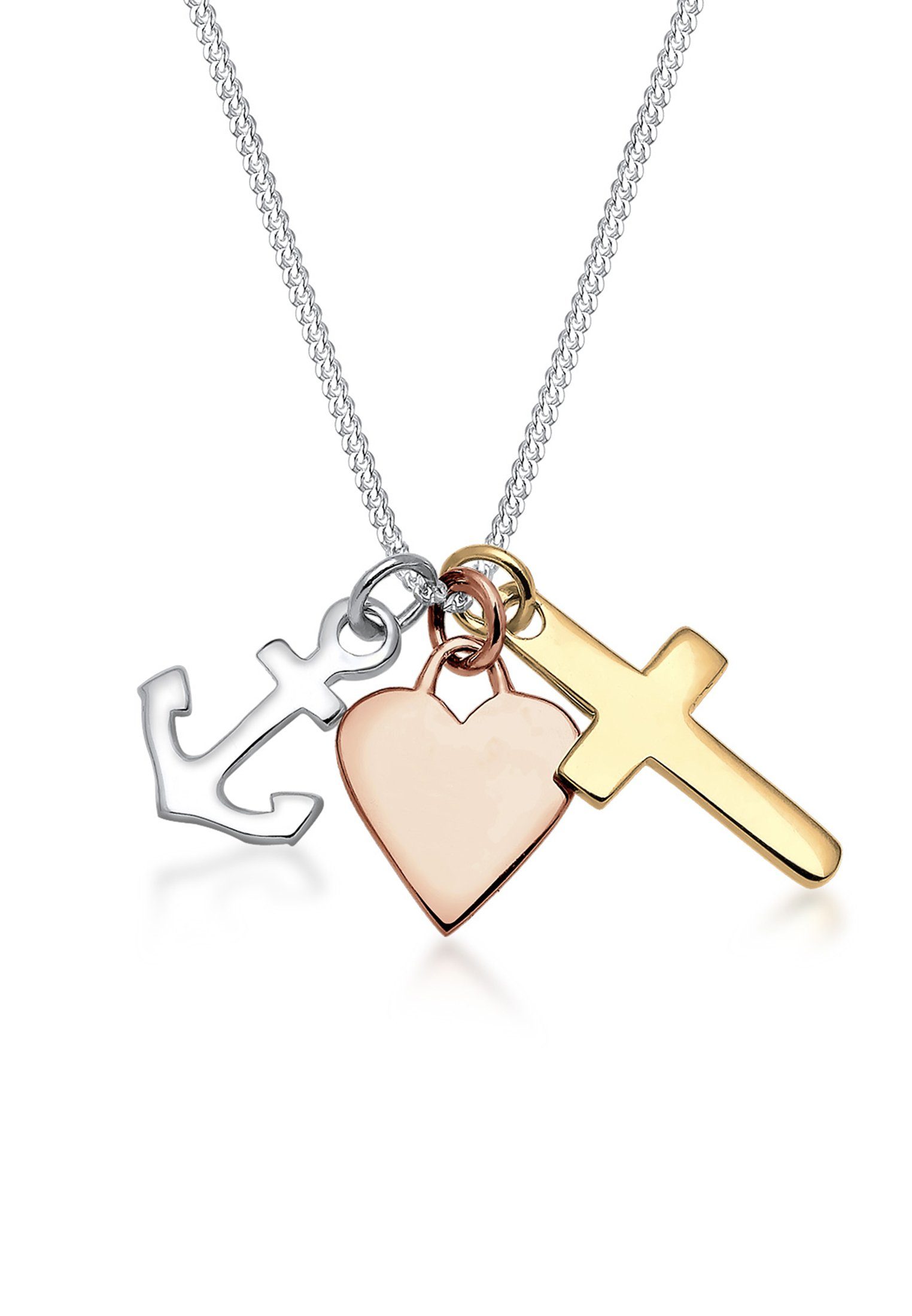 Elli Kette 925 Kreuz mit Silber, Anker Sterling Anhänger Herz Bi-Color Anker