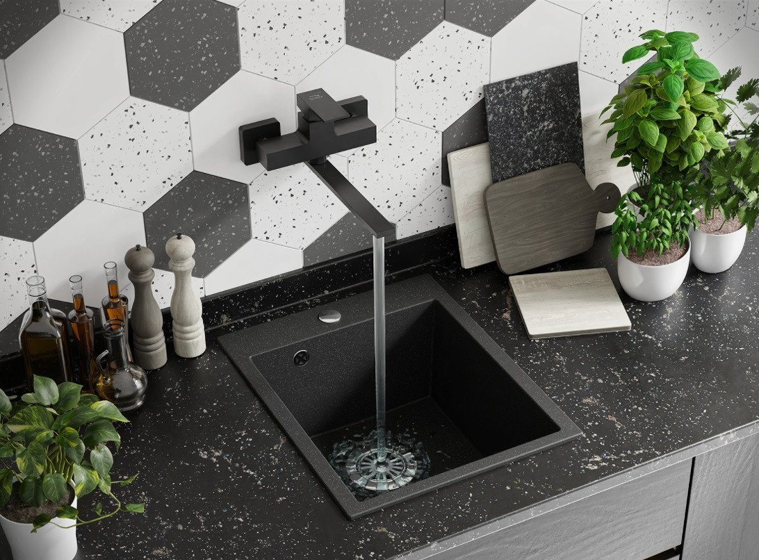 Thumbnail - KOLMAN Küchenspüle Einzelbecken Chichi Granitspüle, Rechteckig, 48/39 cm, Schwarz, Space Saving Siphon GRATIS