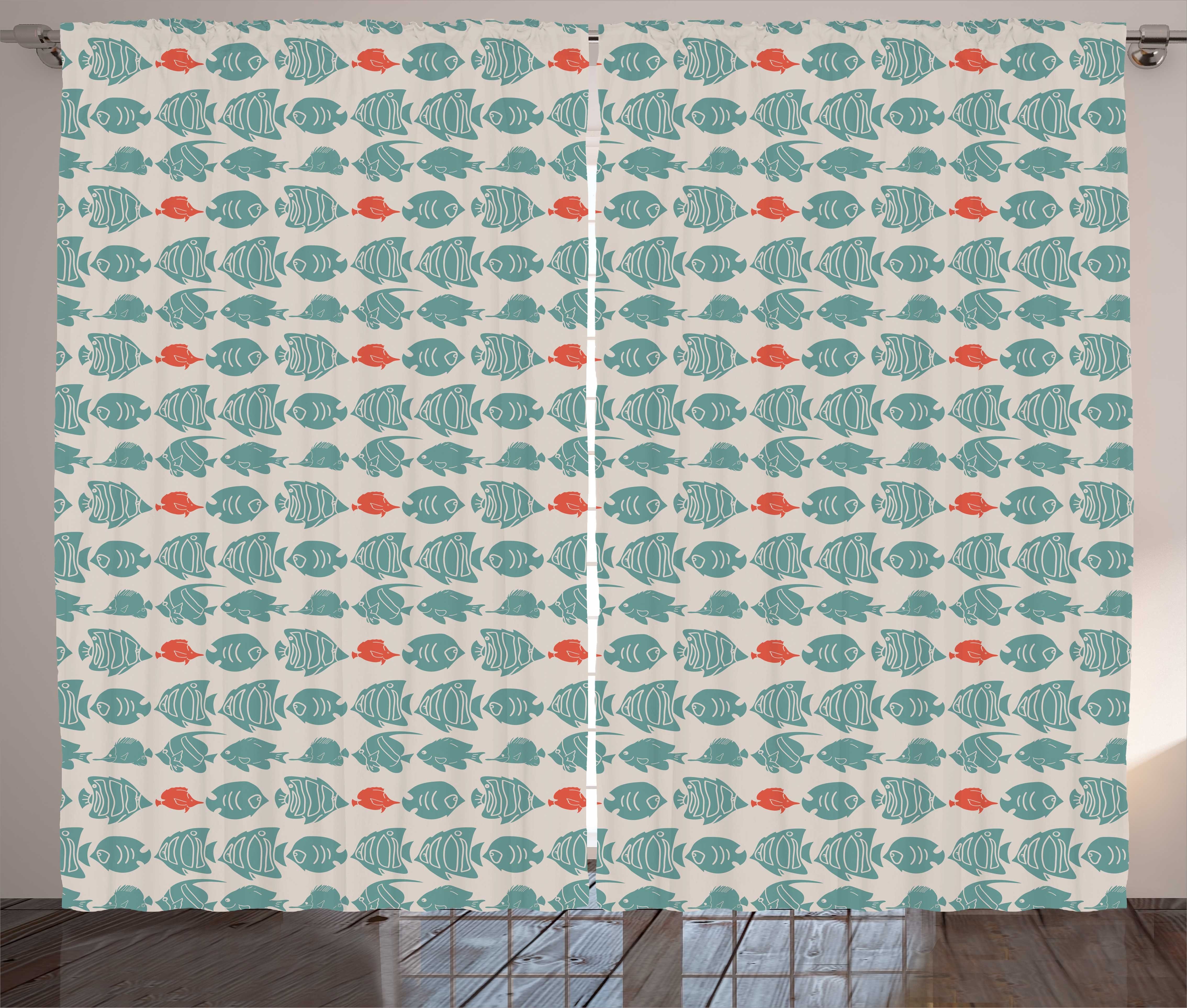 Kräuselband Bilder Schlaufen rote Fische Schlafzimmer Abakuhaus, und Haken, Gardine und Nautisch Blaue mit Vorhang