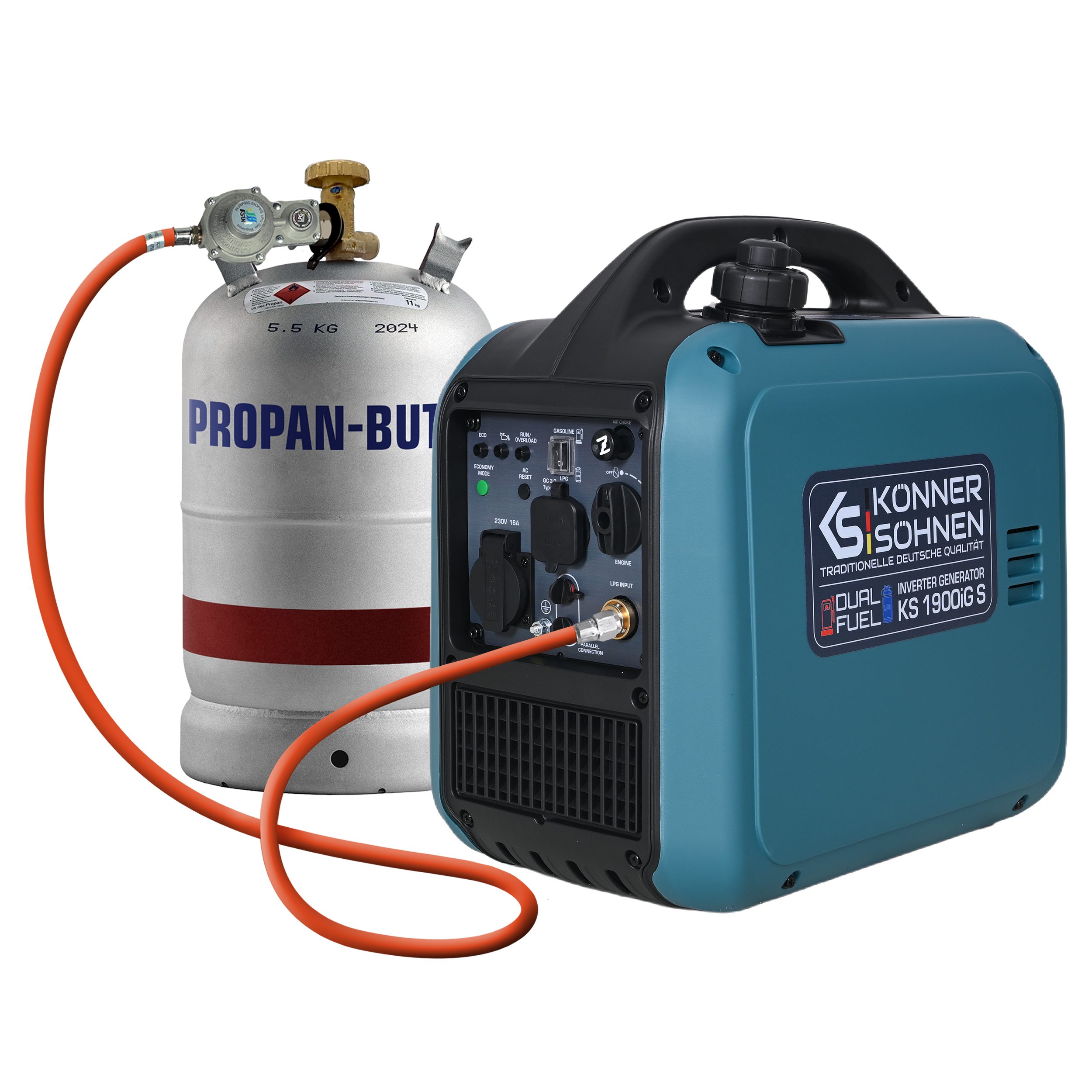 Könner & Söhnen Stromerzeuger KS 1900iG S, 1900 in kW, (Hybrid Inverter 2kW (Benzin/LPG) – ultraleicht 17kg, 1-tlg., Dual Fuel LPG/Benzin, 2000W Peak, reine Sinuswelle, Eco-Mode), Inkl. Gasschlauch, USB-Ports, nur 17kg, Parallelfunktion