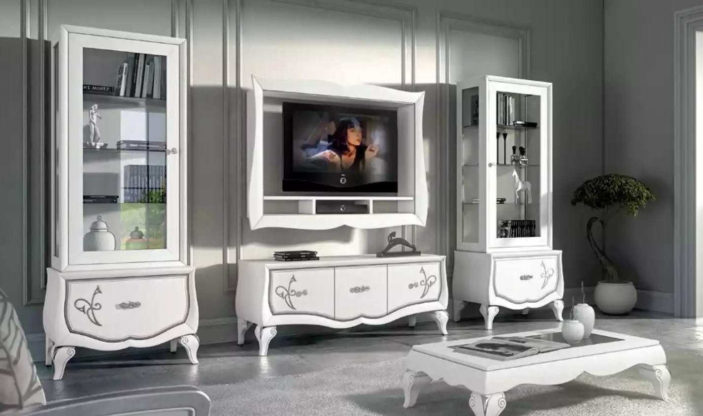 Xlmoebel Wohnwand Elegantes Wohnzimmermöbel-Set mit Vitrine und Wandregal in Holzoptik, (4-St., Set 4tlg. Wohnwand (Lowboard + 2x Vitrine + TV-Rahmen), Hergestellt in Europa
