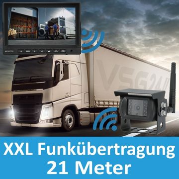 VSG24 9“ Funk Rückfahrsystem EVOLUTION HD XL, 21 Meter FUNK Übertragung 1 x Rückfahrkamera (für Wohnmobil & LKW, KFZ Set kabellos inkl. einfach zum Nachrüsten DIY)