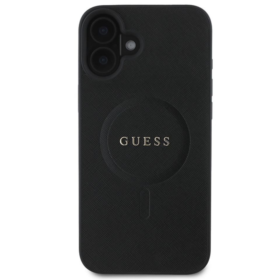 Guess Handyhülle iPhone 16 Plus schwarz glitzernde Optik Logo goldfarbig MagSafe 6,7 Zoll, Kantenschutz
