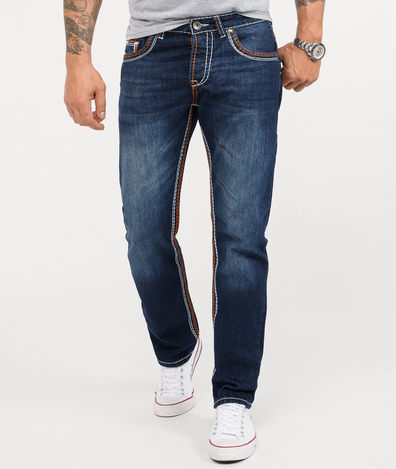 Straight-Jeans Herren Jeans Stonewashed Dunkelblau RC-2167