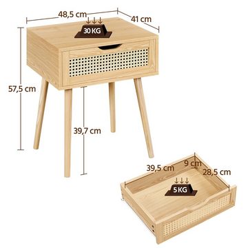 Yaheetech Nachttisch, Ratten Beistelltisch Nachtkommode mit 1 Schublade Holzbeine