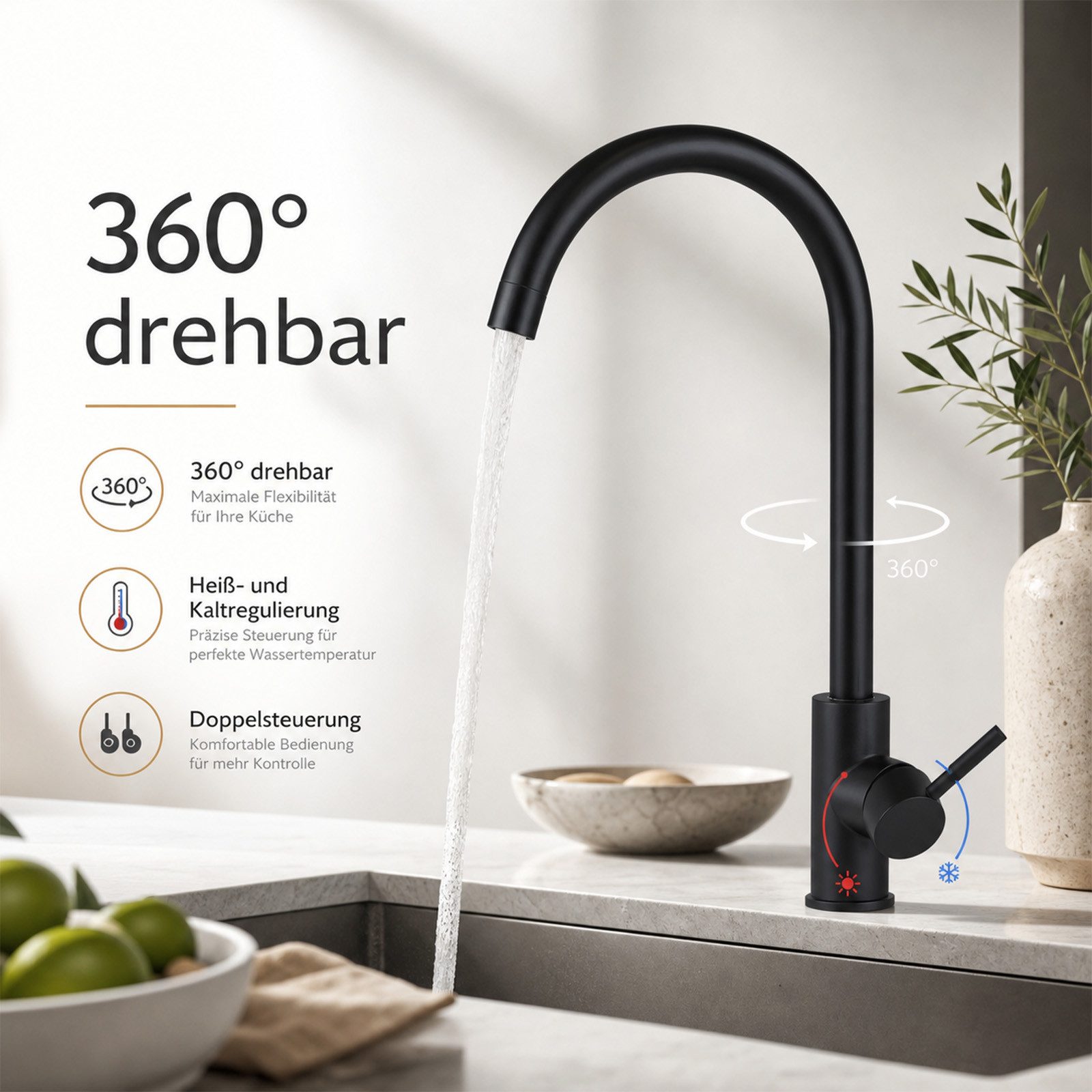 Ledklang Küchenarmatur Hochdruck Edelstahl Spültischarmatur 360° schwenkbar Schwarz/silber (1-St., Mischbatterie) für Einhebelmischer Mischbatterie Wasserhahn K – Bild 3 von 5