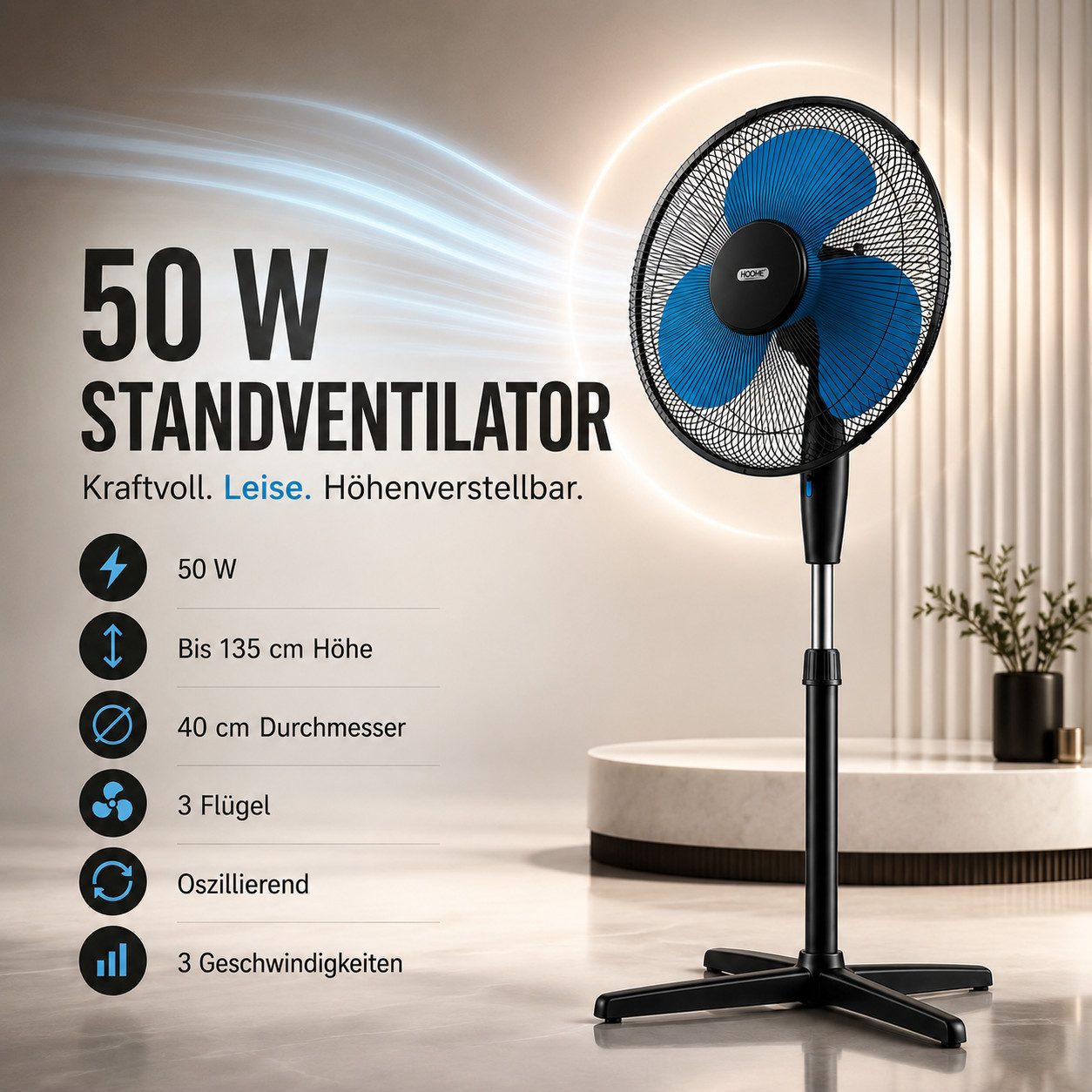 Ertex Standventilator Ventilator Höhe 135 cm Standventilator 50W 40 cm, BLACKBLUE